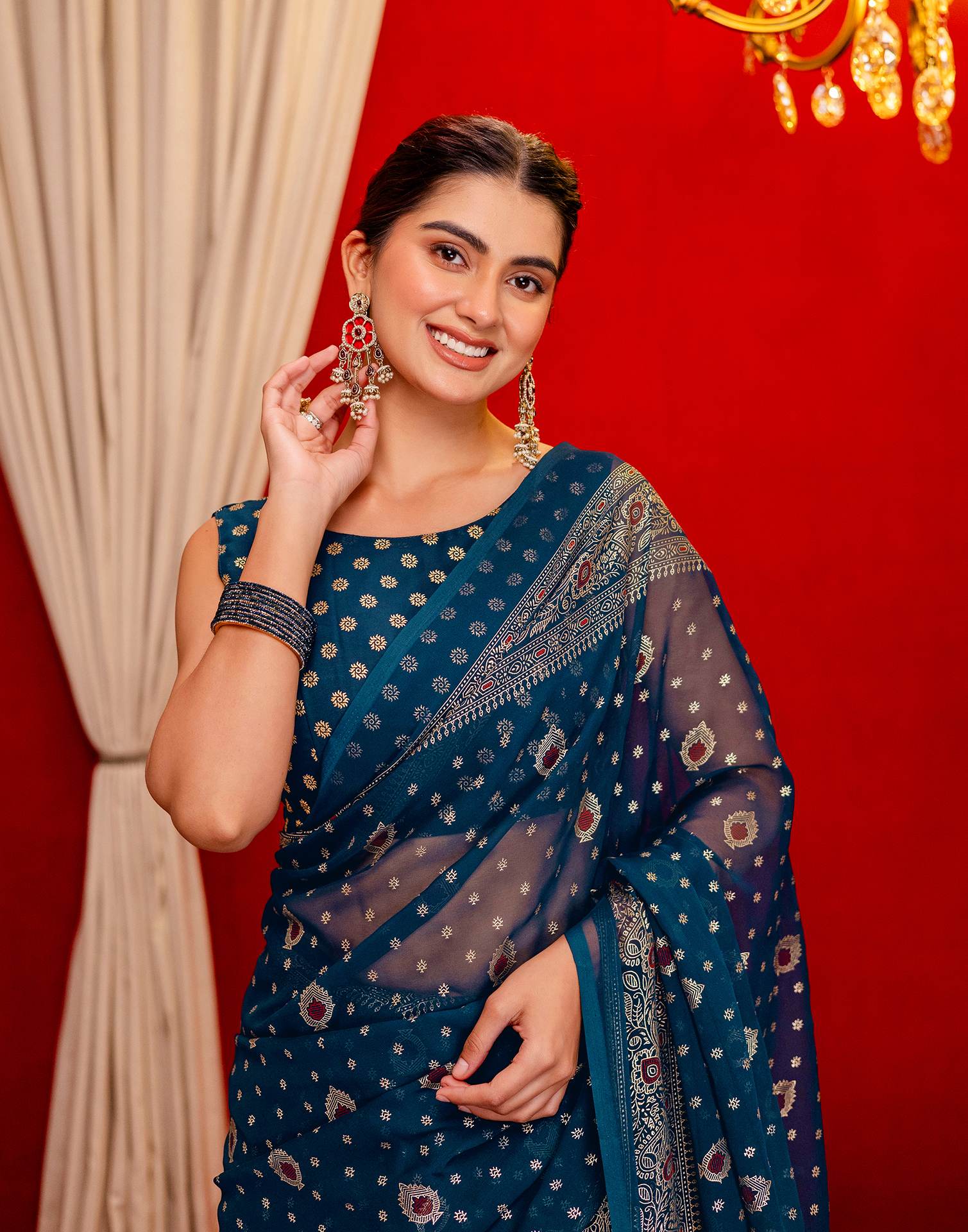 Rama Blue Georgette Foil Printed Saree - Image 2