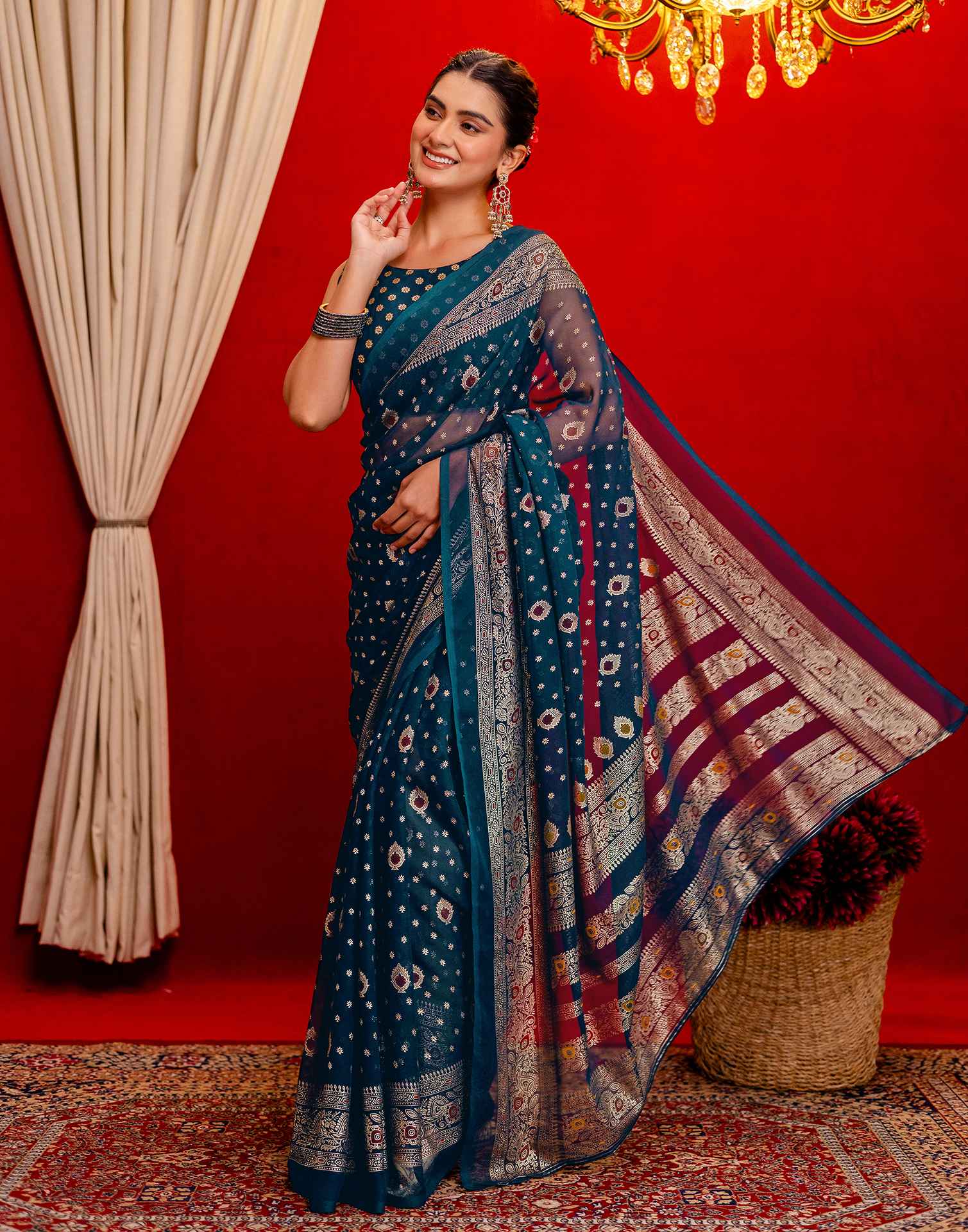 Rama Blue Georgette Foil Printed Saree - Image 4