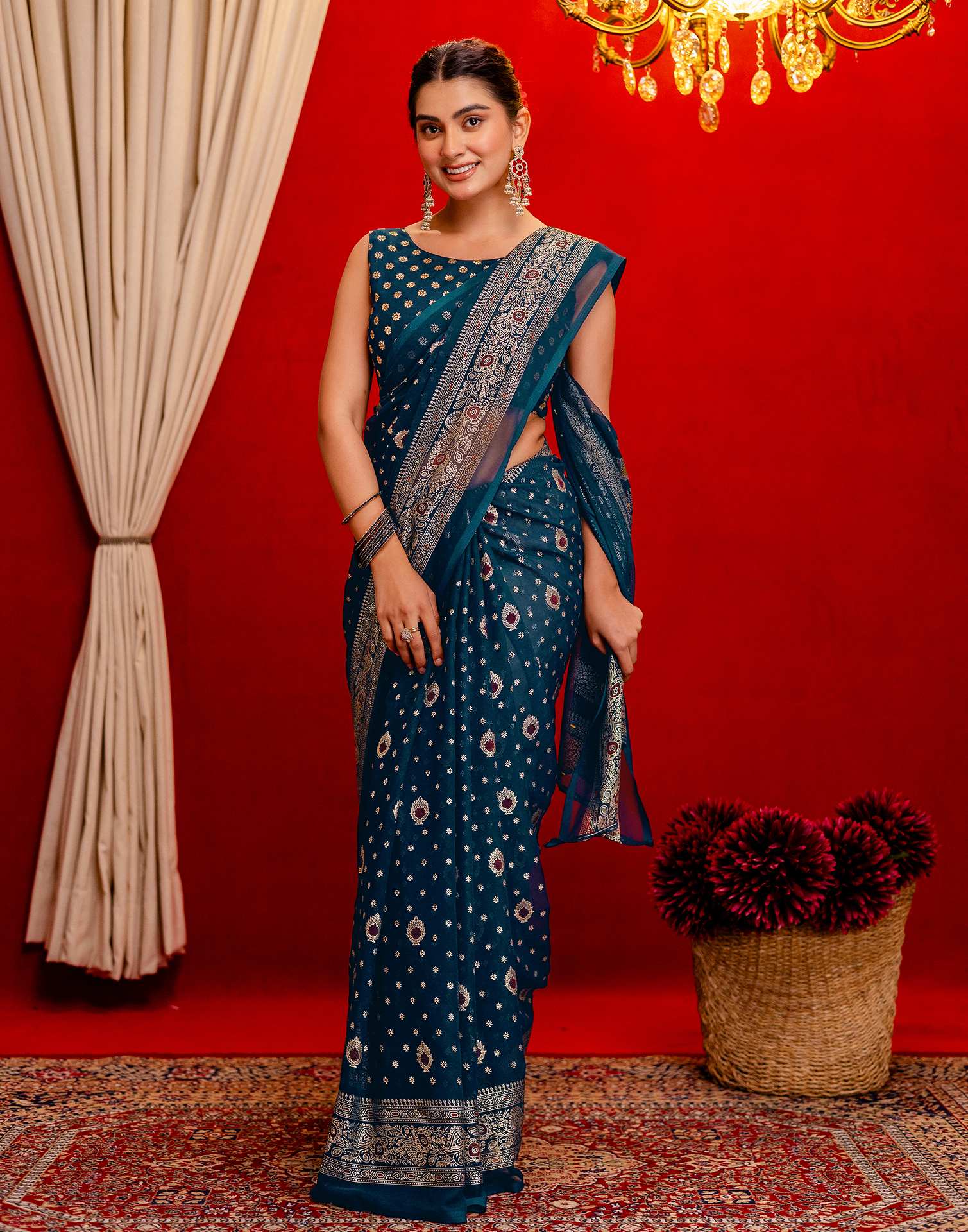 Rama Blue Georgette Foil Printed Saree - Image 5