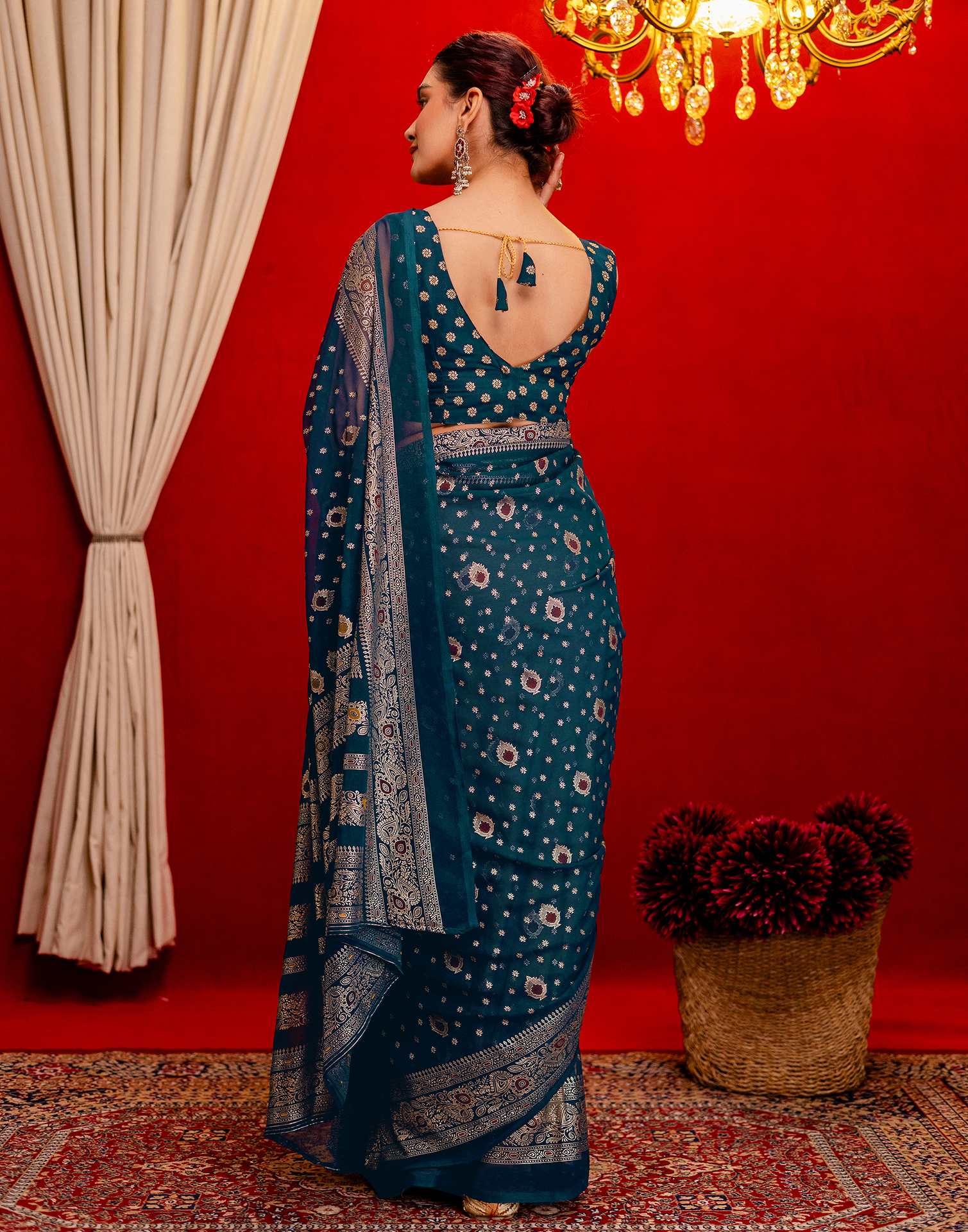 Rama Blue Georgette Foil Printed Saree - Image 6