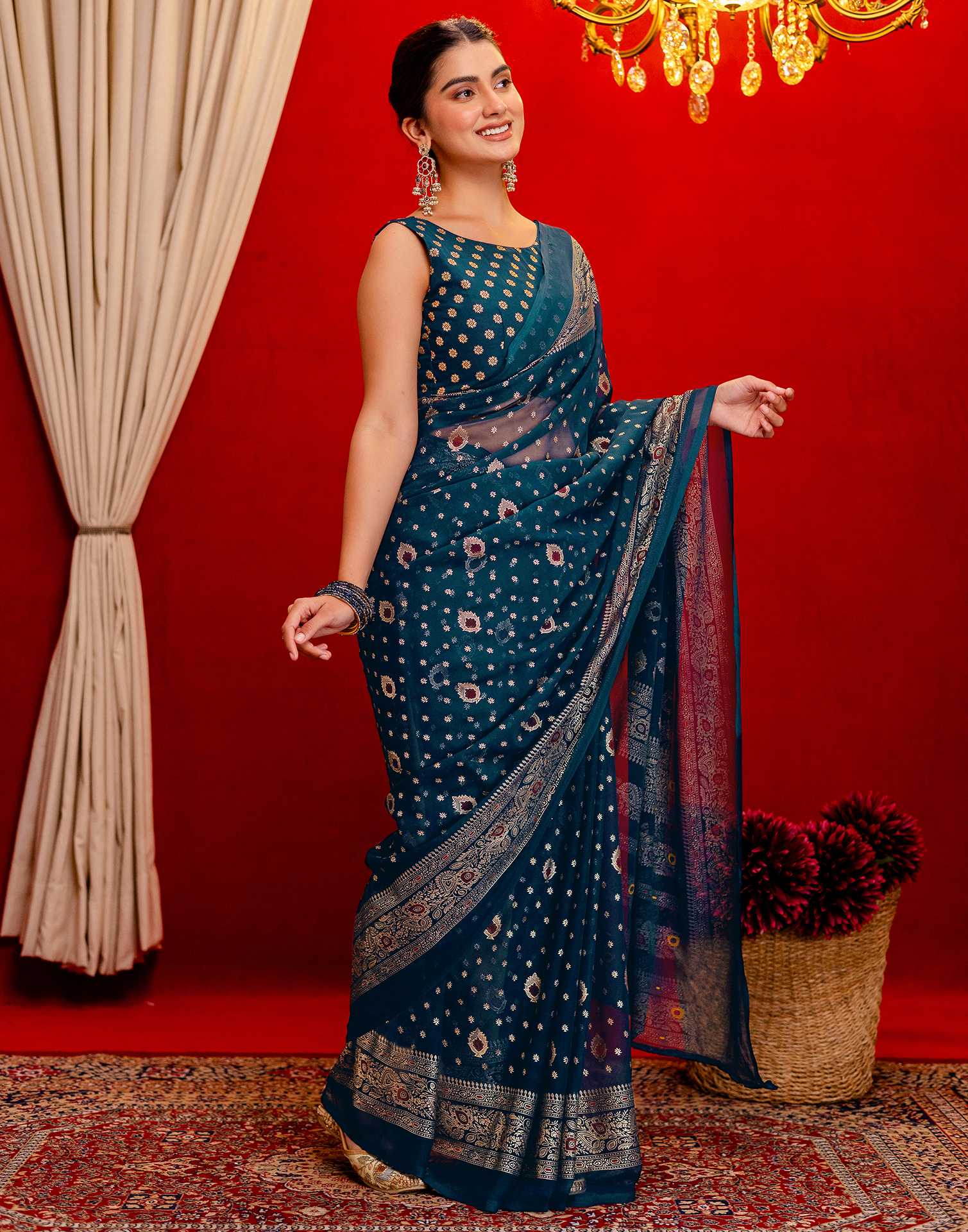 Rama Blue Georgette Foil Printed Saree - Image 7