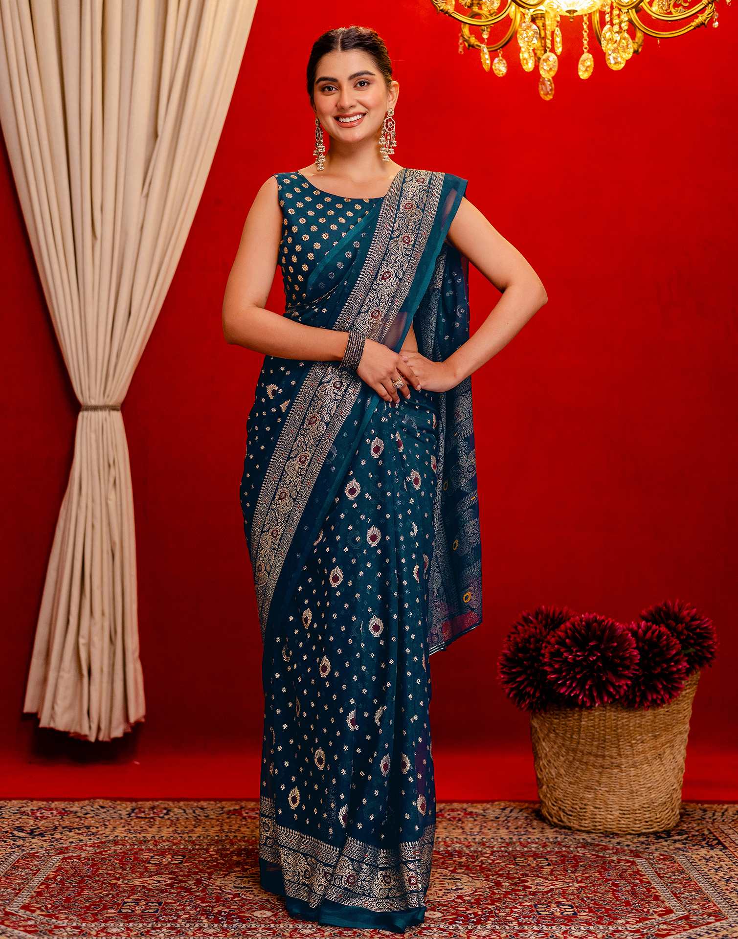 Rama Blue Georgette Foil Printed Saree - Image 8