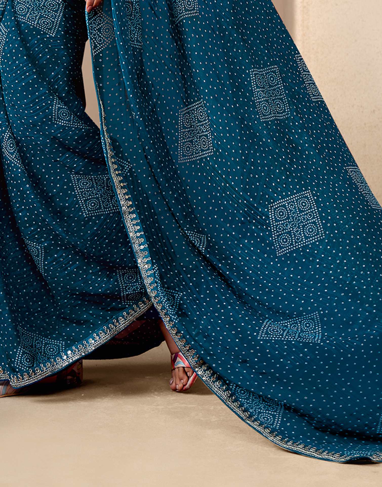 Rama Blue Georgette Printed Bandhani Saree - Image 4