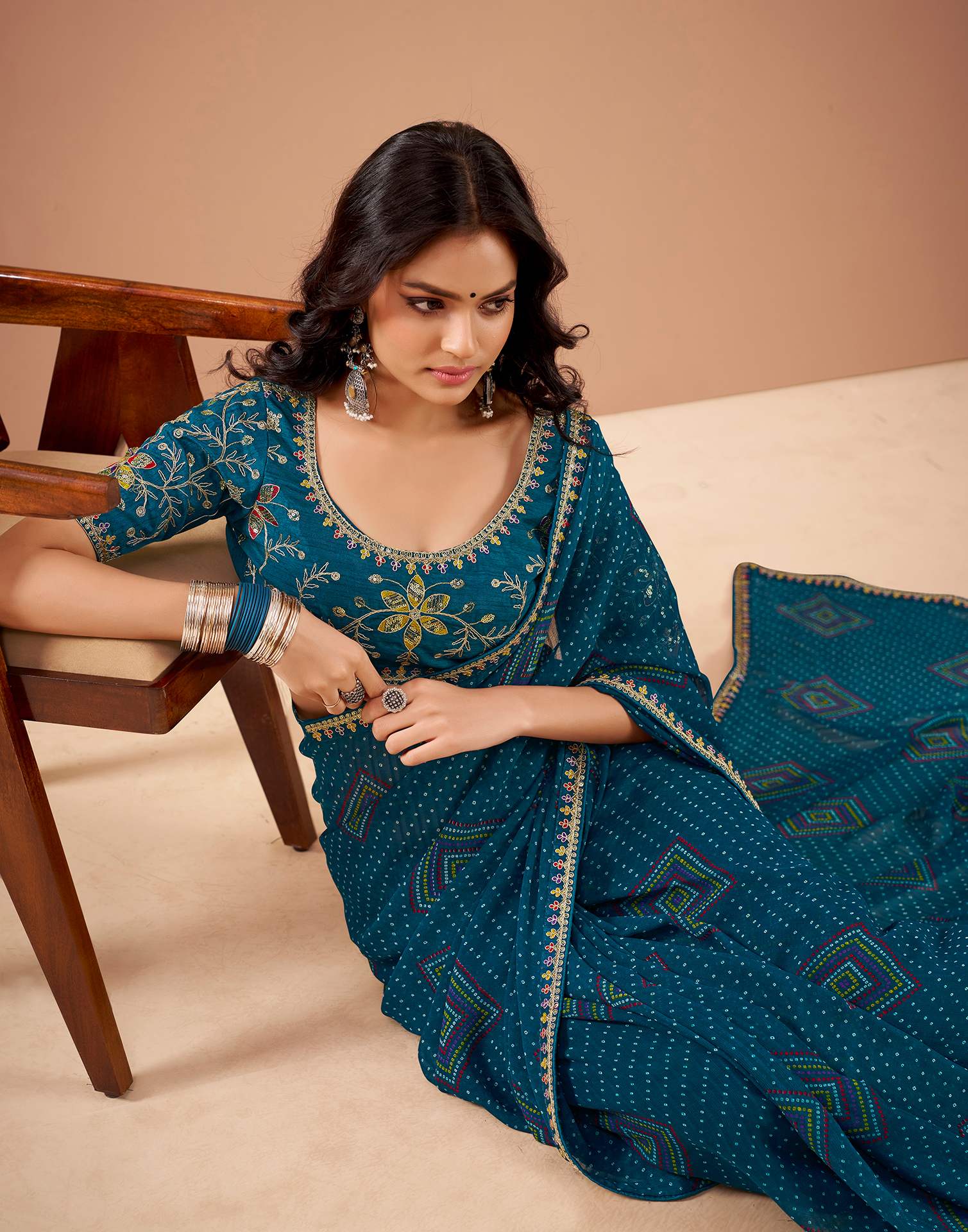Rama Blue Georgette Printed Bandhani Saree - Image 2