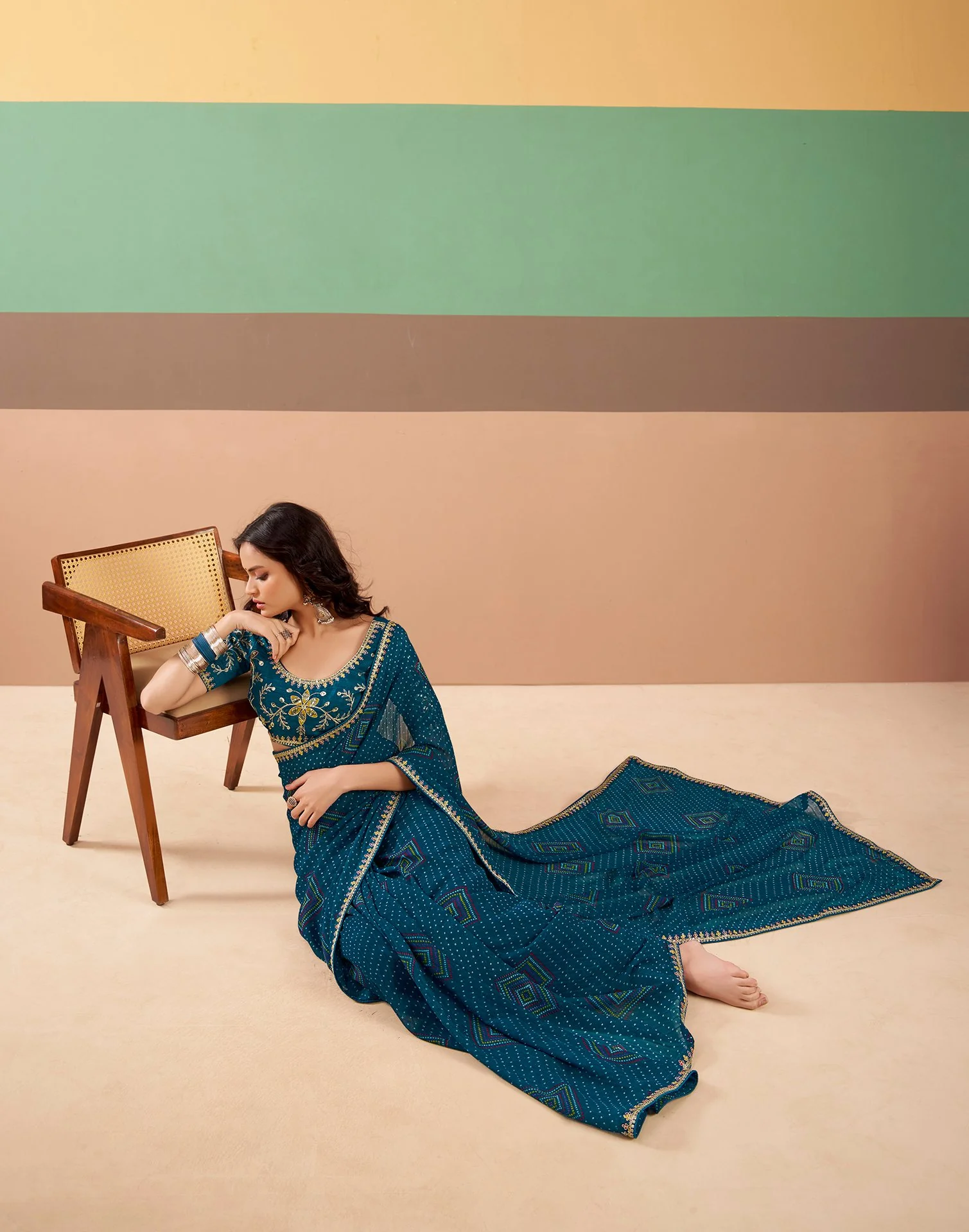 Rama Blue Georgette Printed Bandhani Saree - Image 5