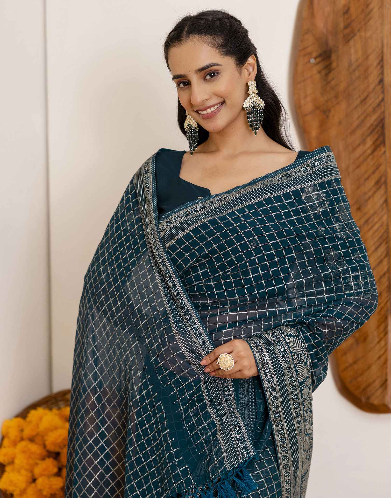 Rama Blue Georgette Printed Saree - Image 2