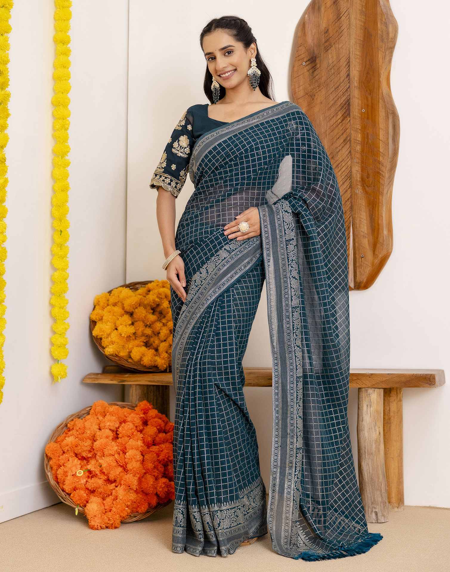 Rama Blue Georgette Printed Saree - Image 4