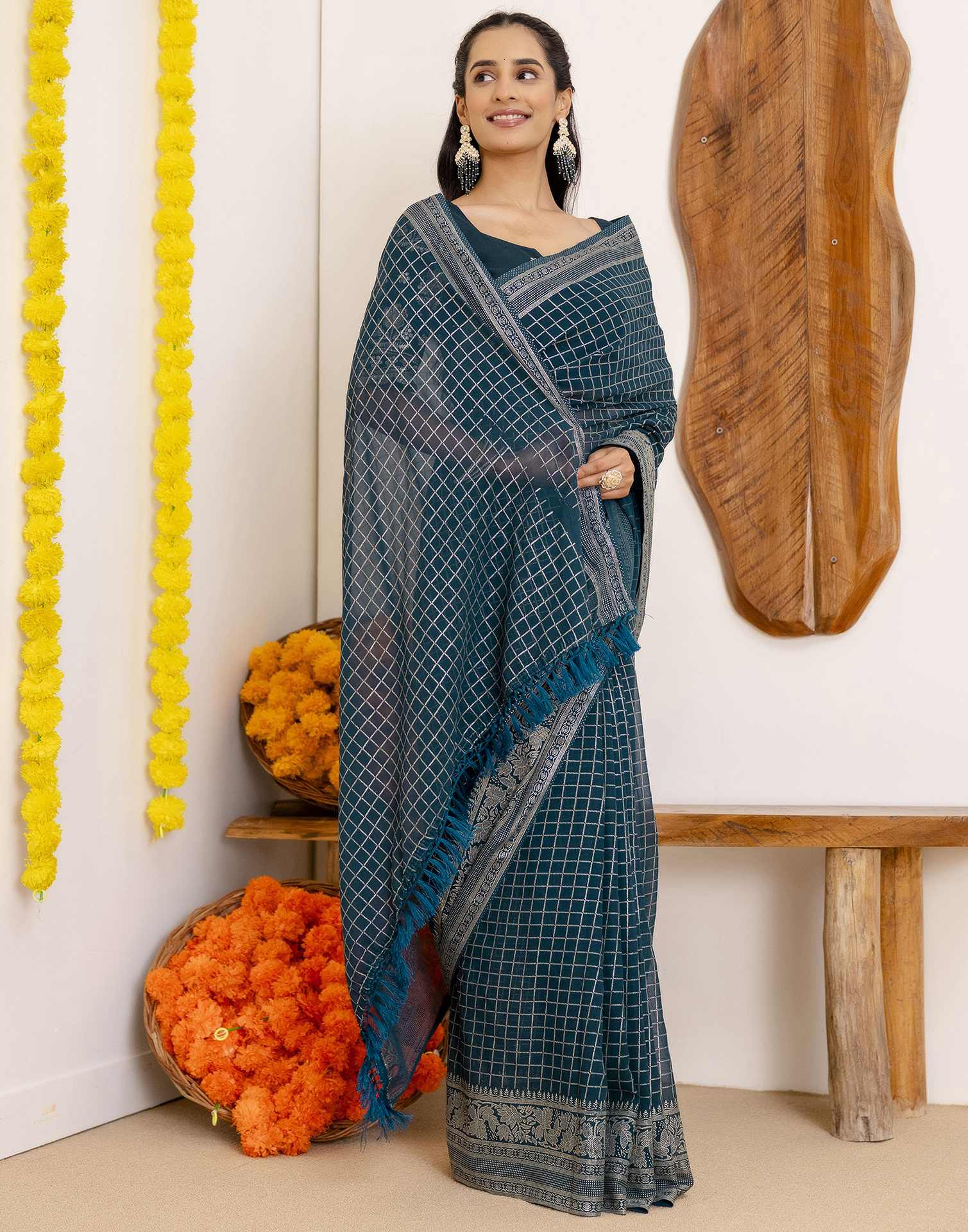 Rama Blue Georgette Printed Saree - Image 5