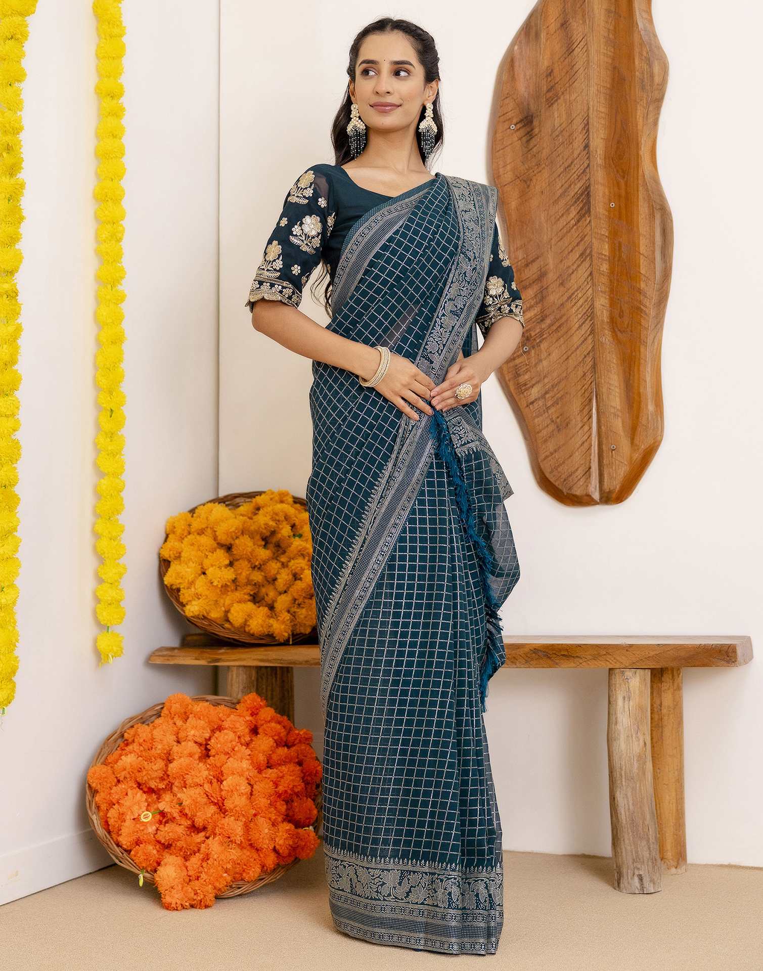 Rama Blue Georgette Printed Saree - Image 7