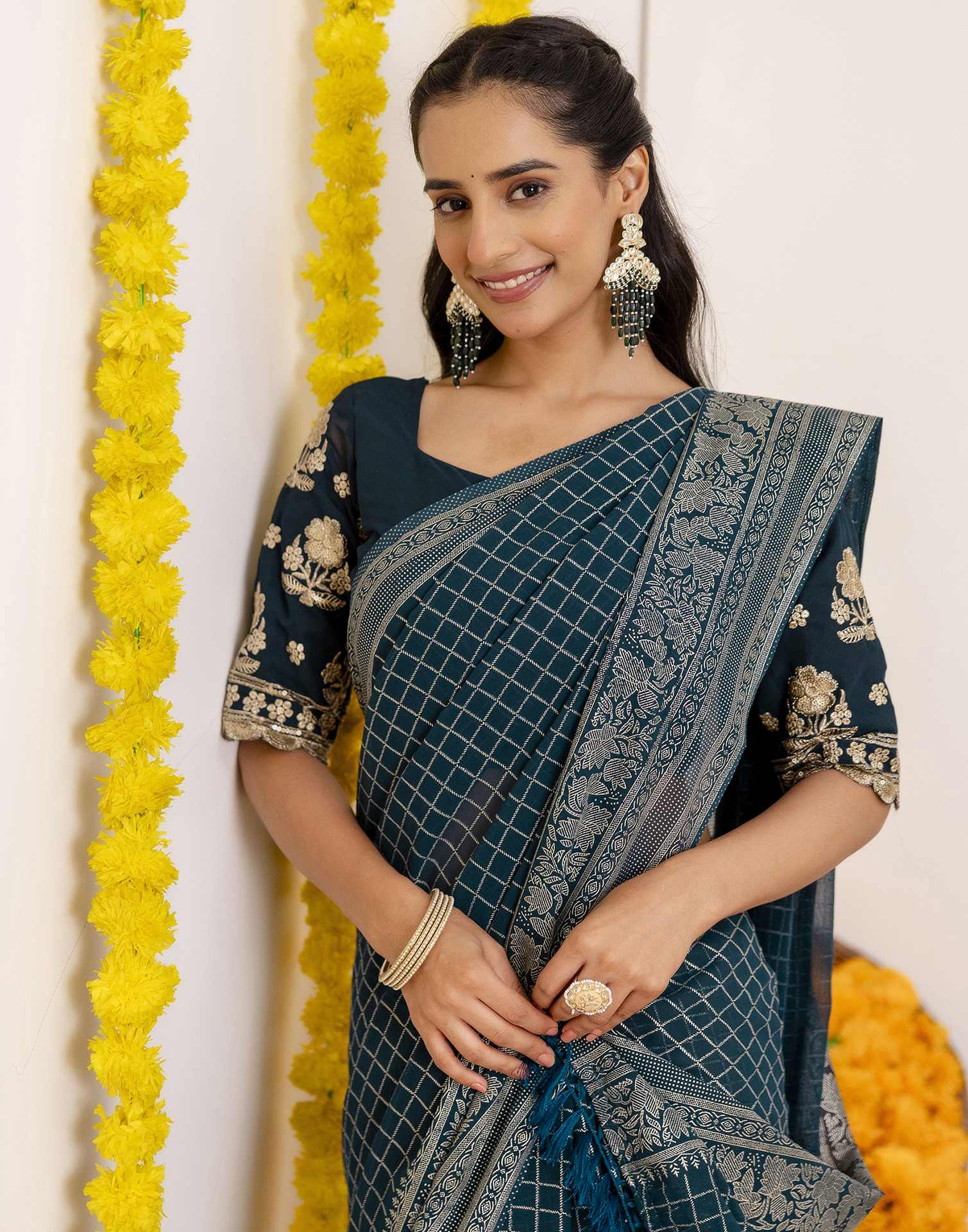 Rama Blue Georgette Printed Saree - Image 9