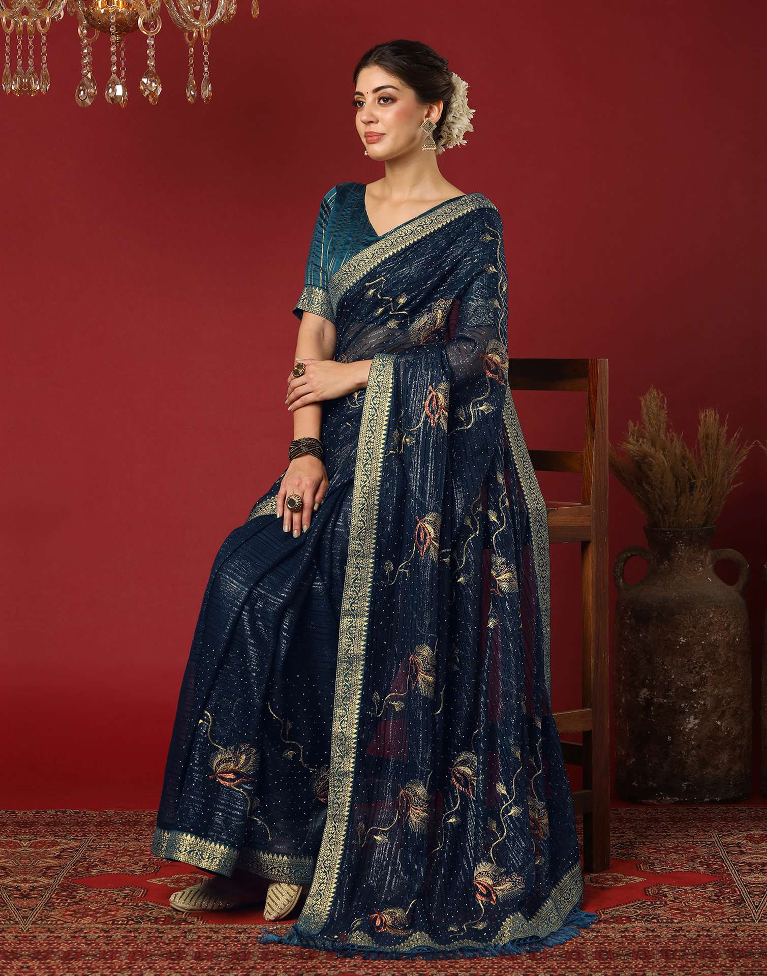 Rama Blue Georgette Stone Work Embellished Saree - Image 4