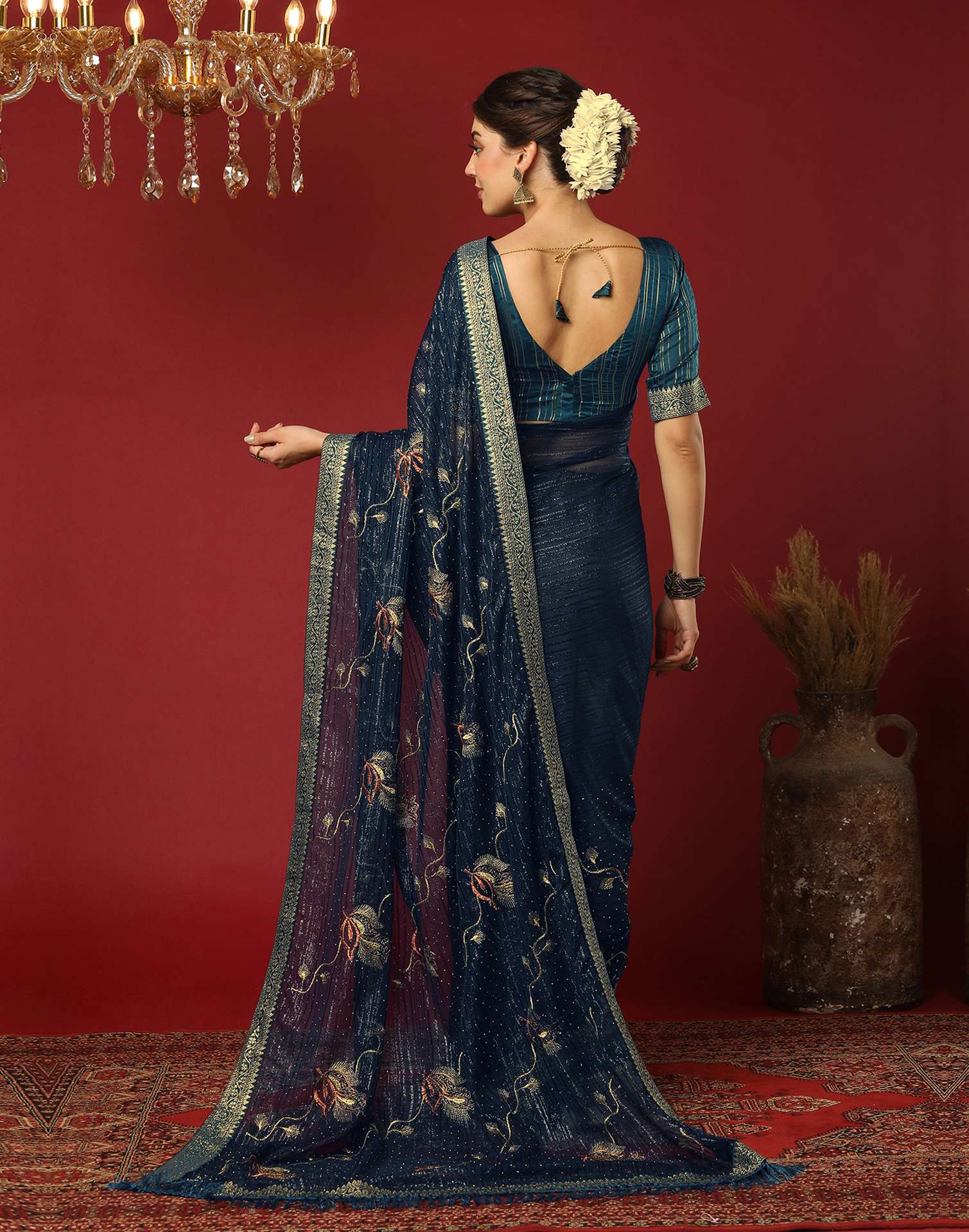 Rama Blue Georgette Stone Work Embellished Saree - Image 5