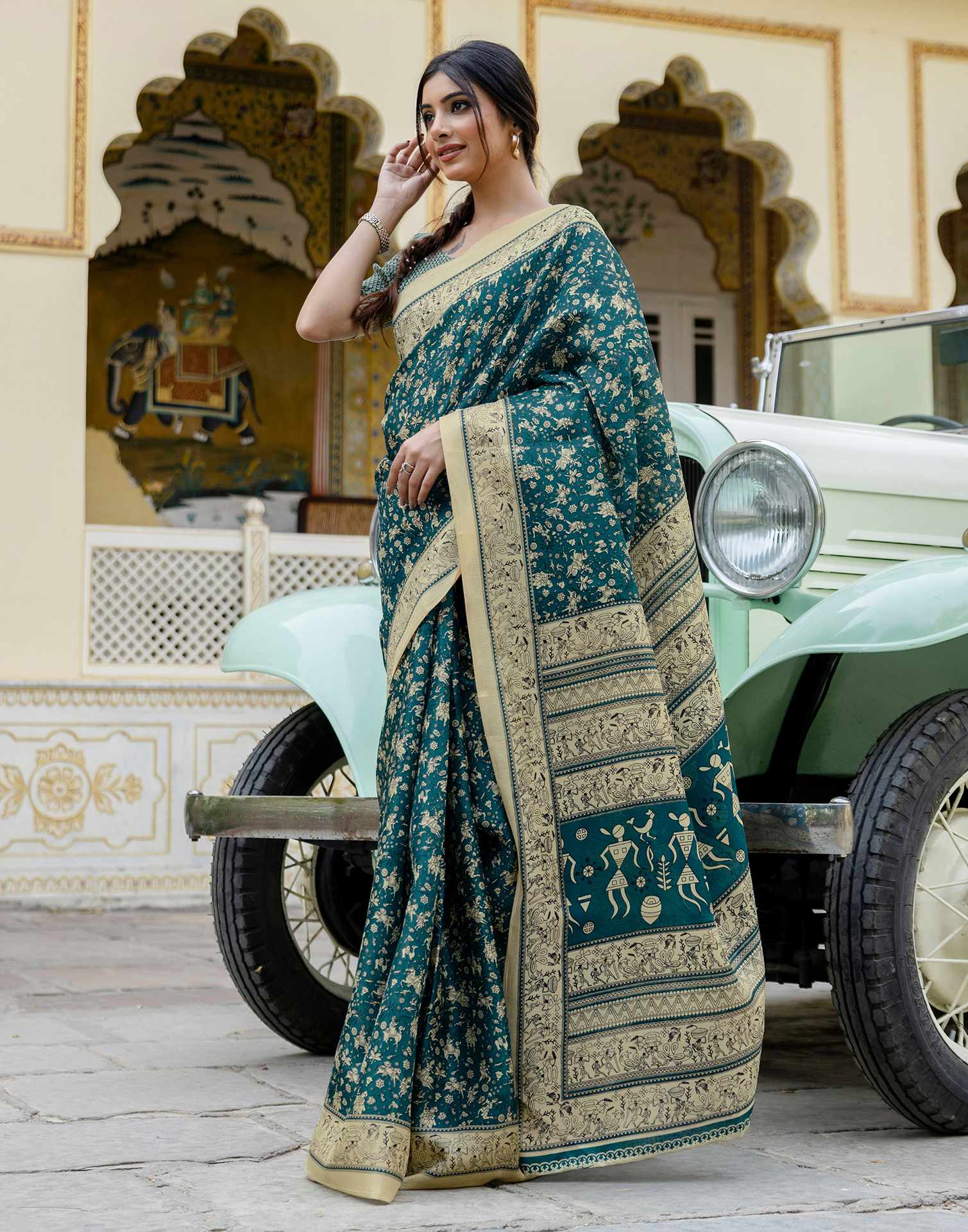 Rama Blue Khadi Warli Printed Saree - Image 4