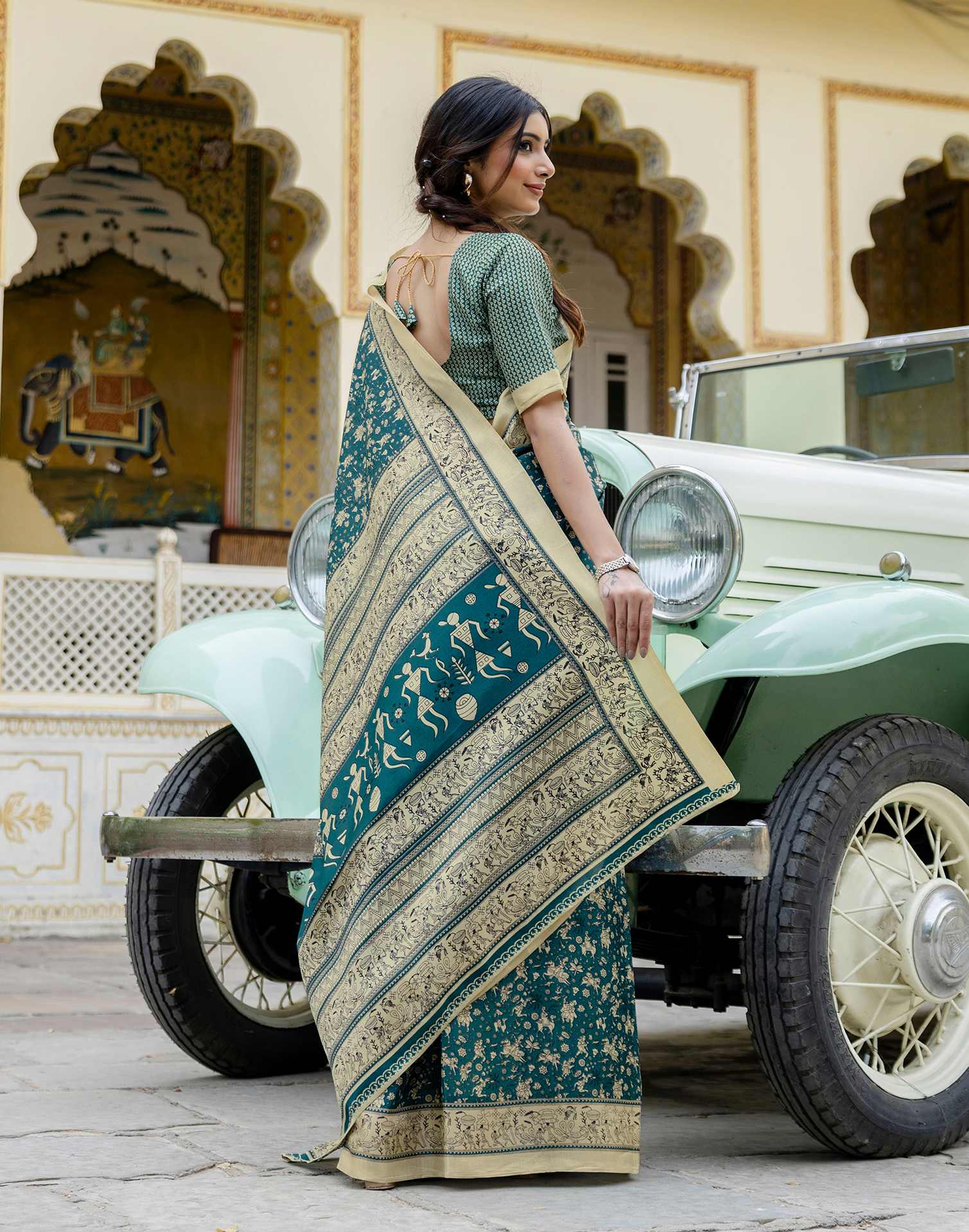 Rama Blue Khadi Warli Printed Saree - Image 6