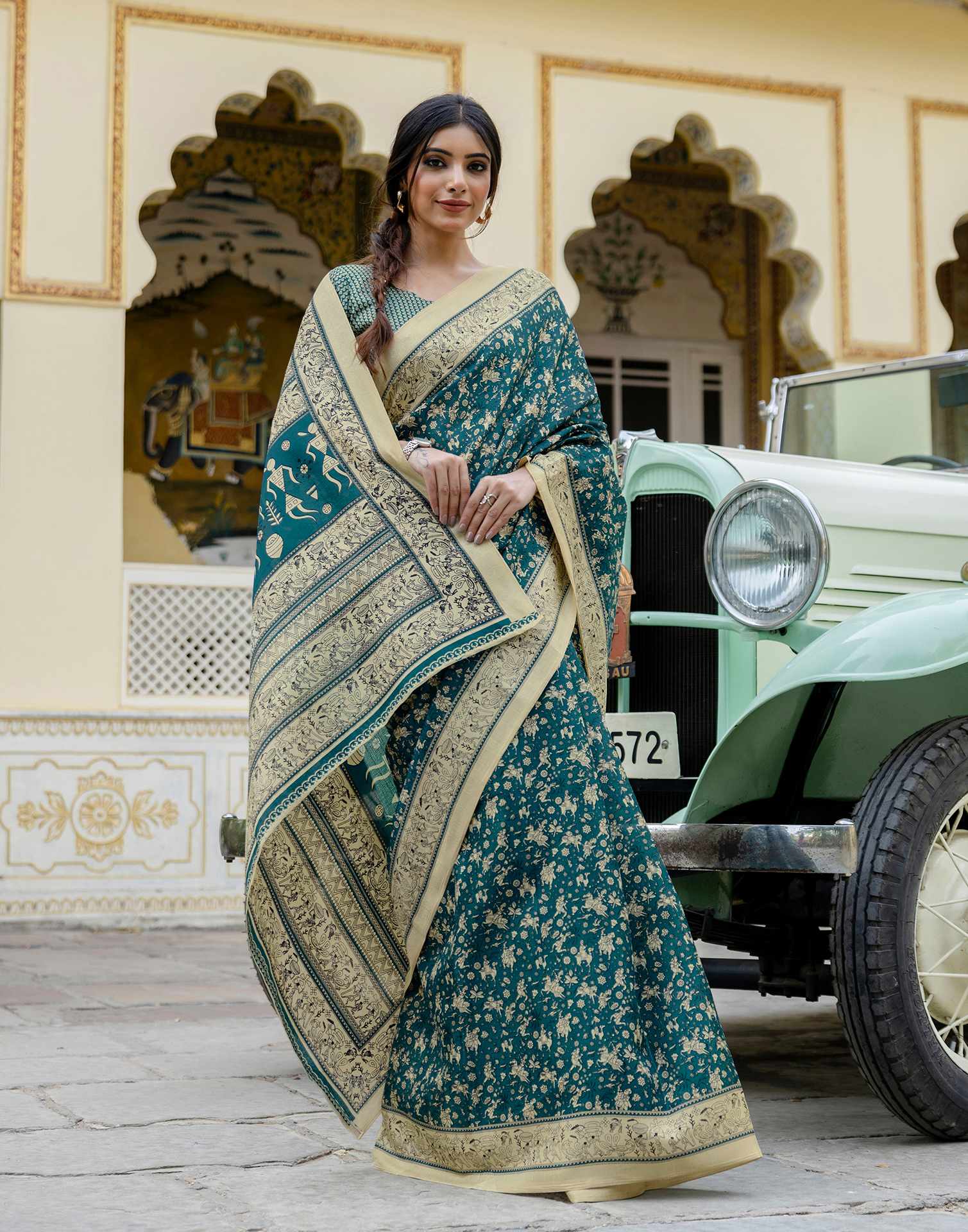 Rama Blue Khadi Warli Printed Saree - Image 7