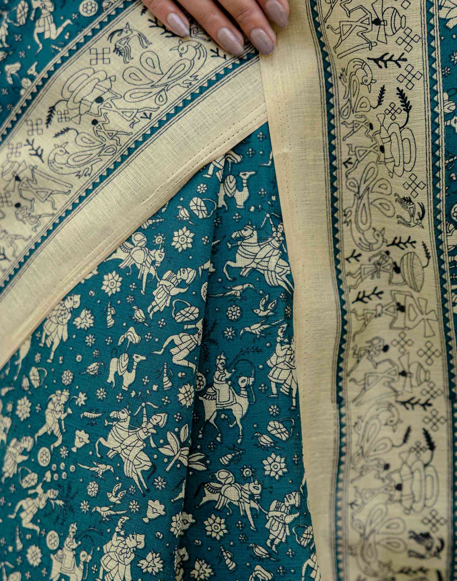 Rama Blue Khadi Warli Printed Saree - Image 8