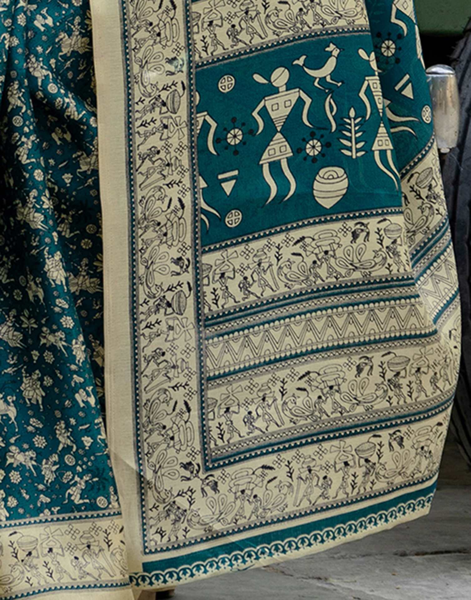 Rama Blue Khadi Warli Printed Saree - Image 9