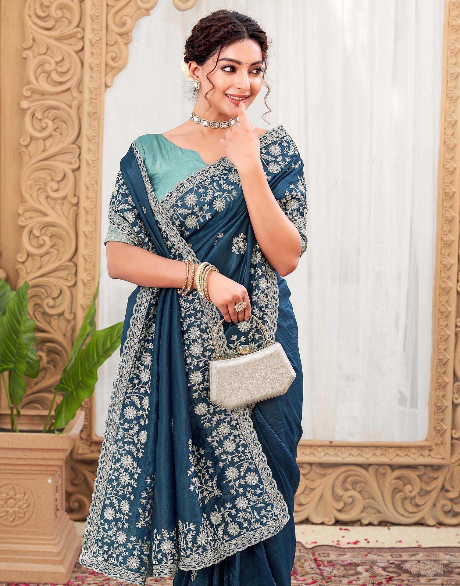 Rama Blue Organza Embroidery Saree - Image 4