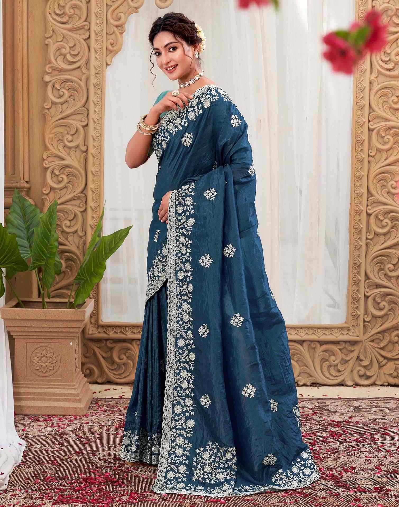 Rama Blue Organza Embroidery Saree - Image 5