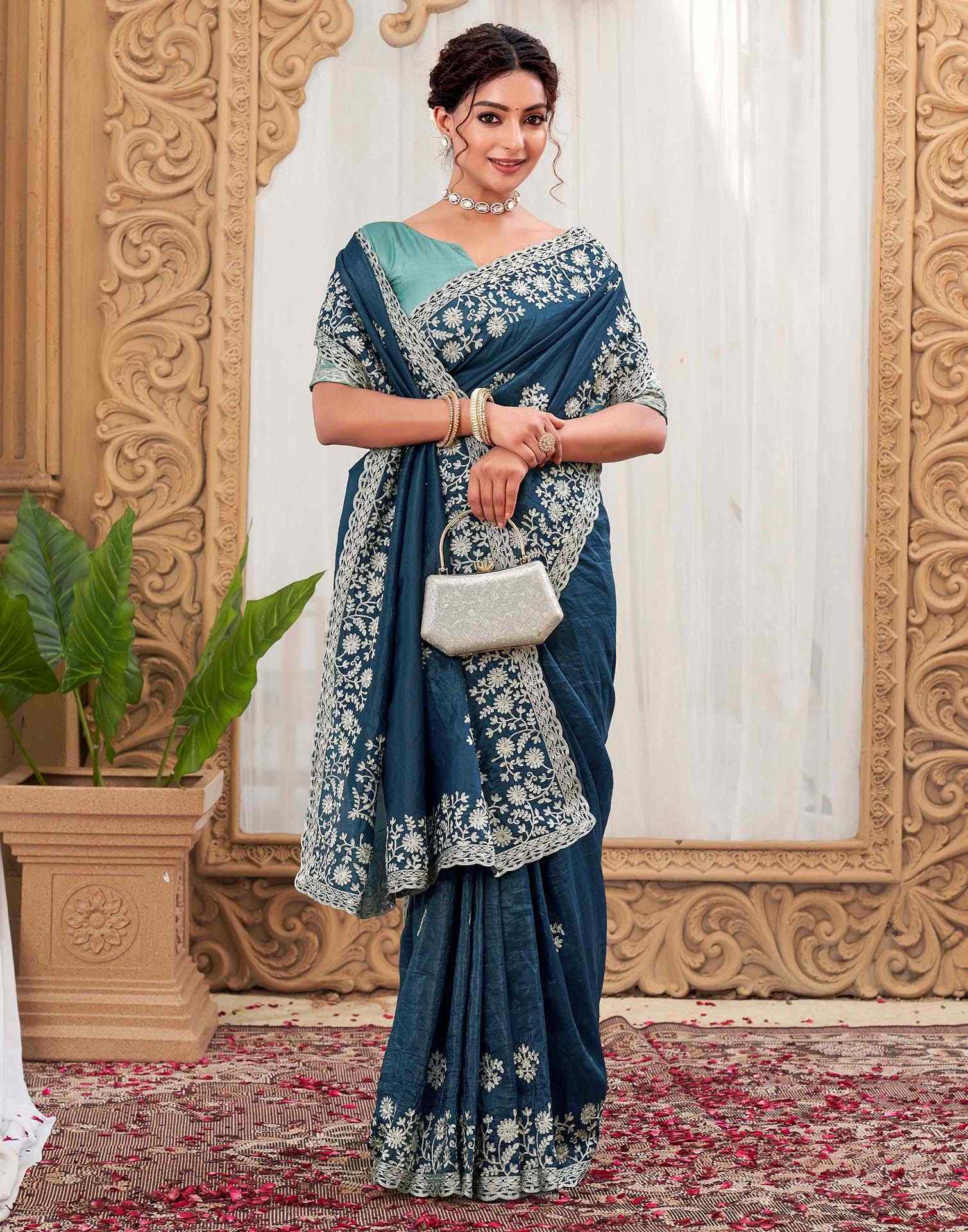 Rama Blue Organza Embroidery Saree - Image 6