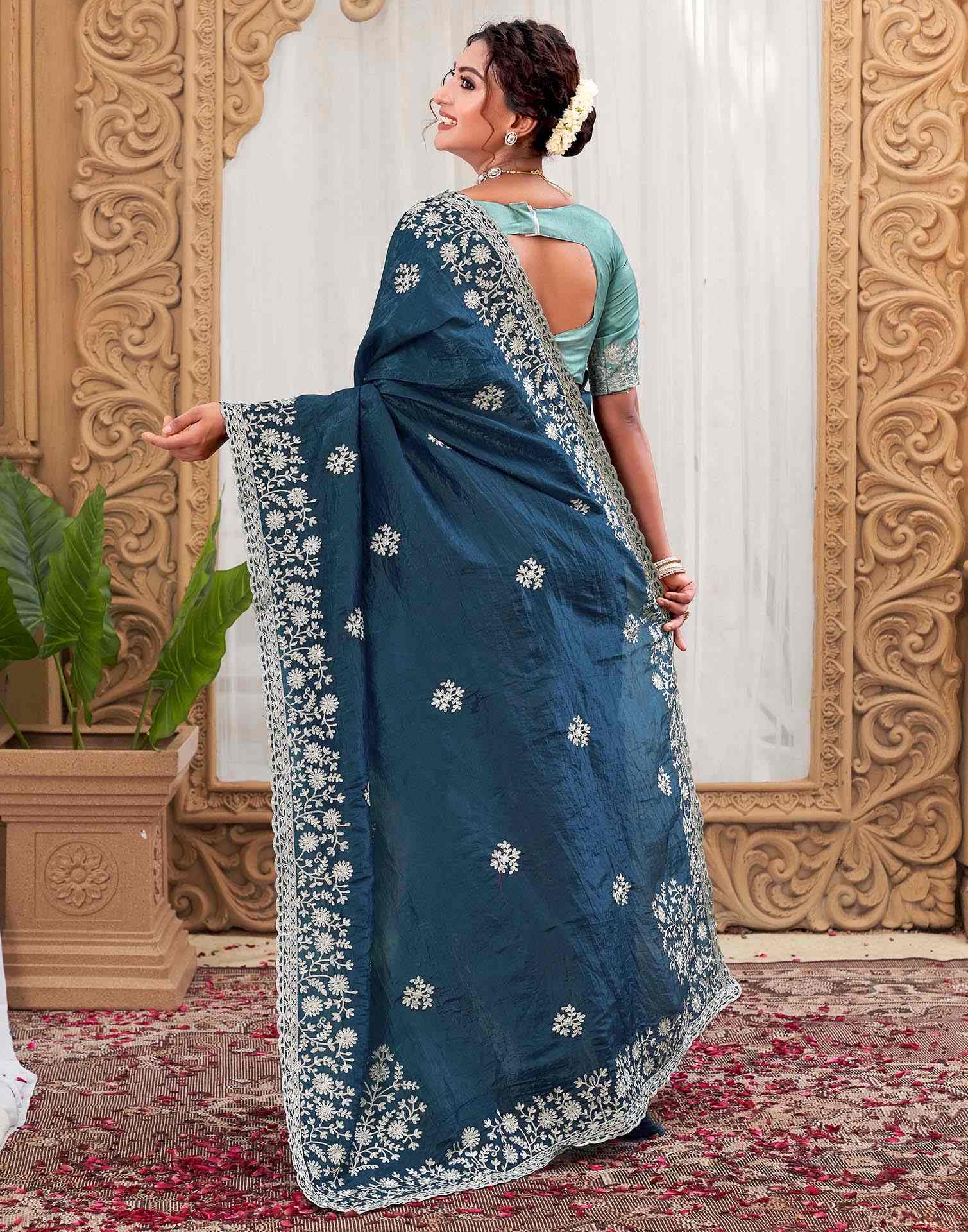 Rama Blue Organza Embroidery Saree - Image 7