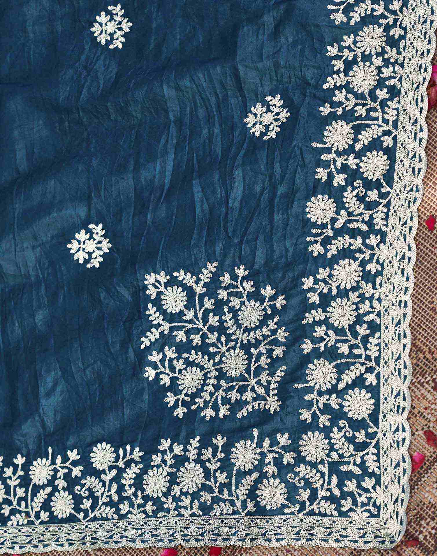 Rama Blue Organza Embroidery Saree - Image 8
