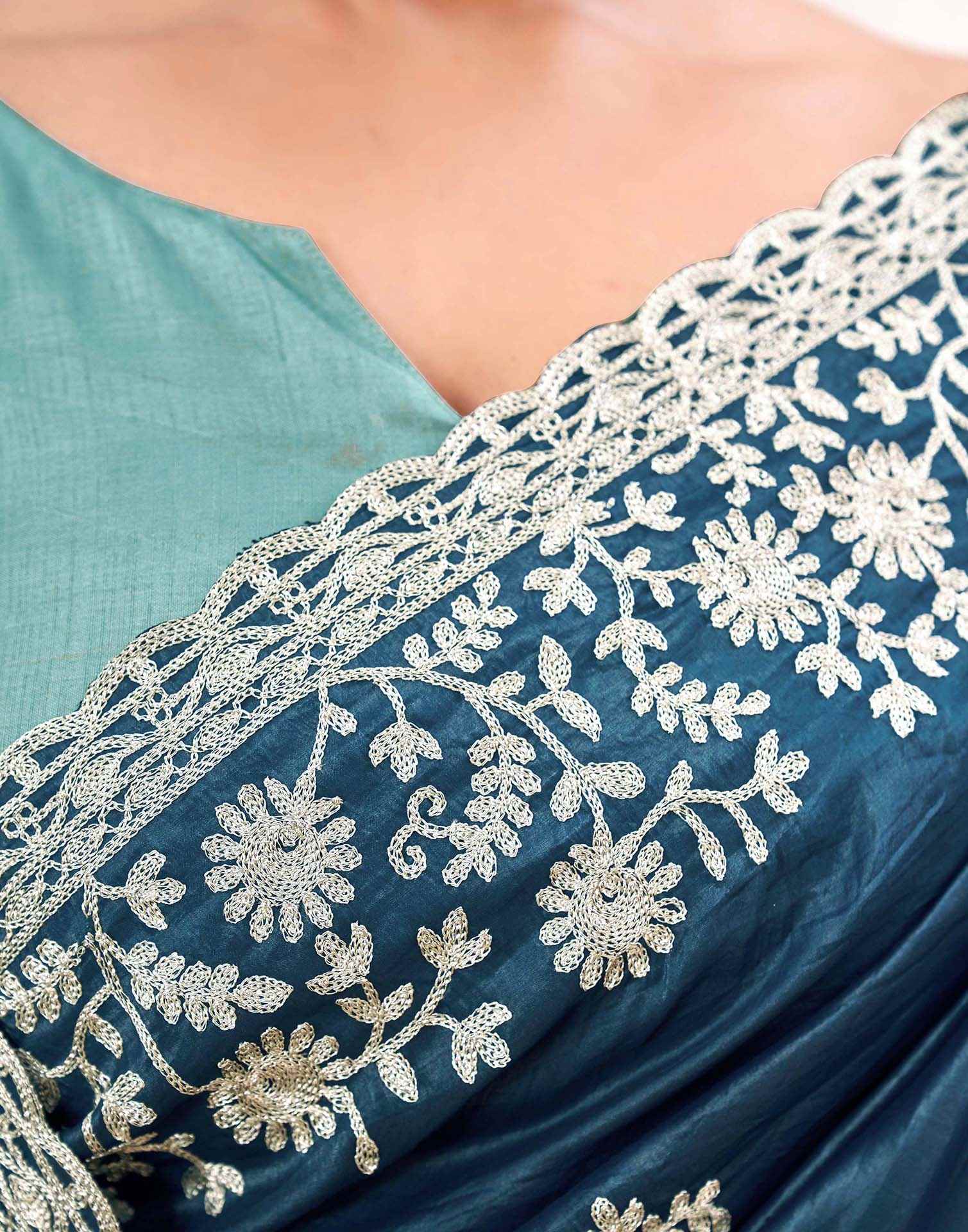 Rama Blue Organza Embroidery Saree - Image 9