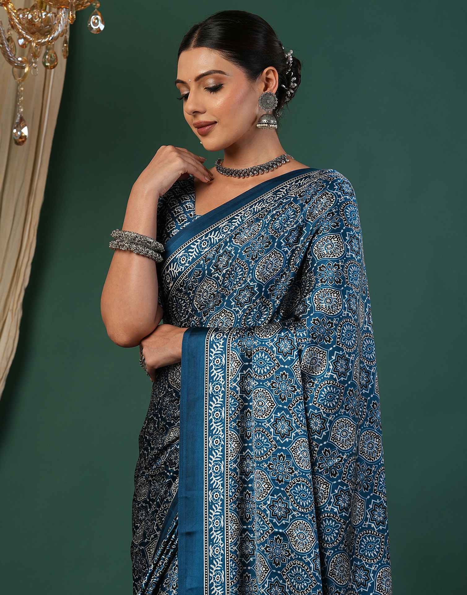 Rama Blue Satin Printed Saree - Image 2