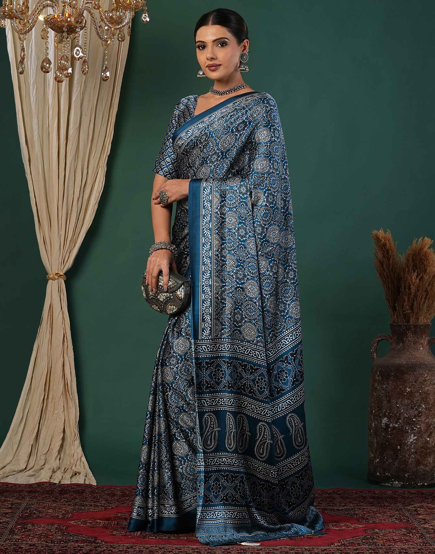 Rama Blue Satin Printed Saree - Image 4