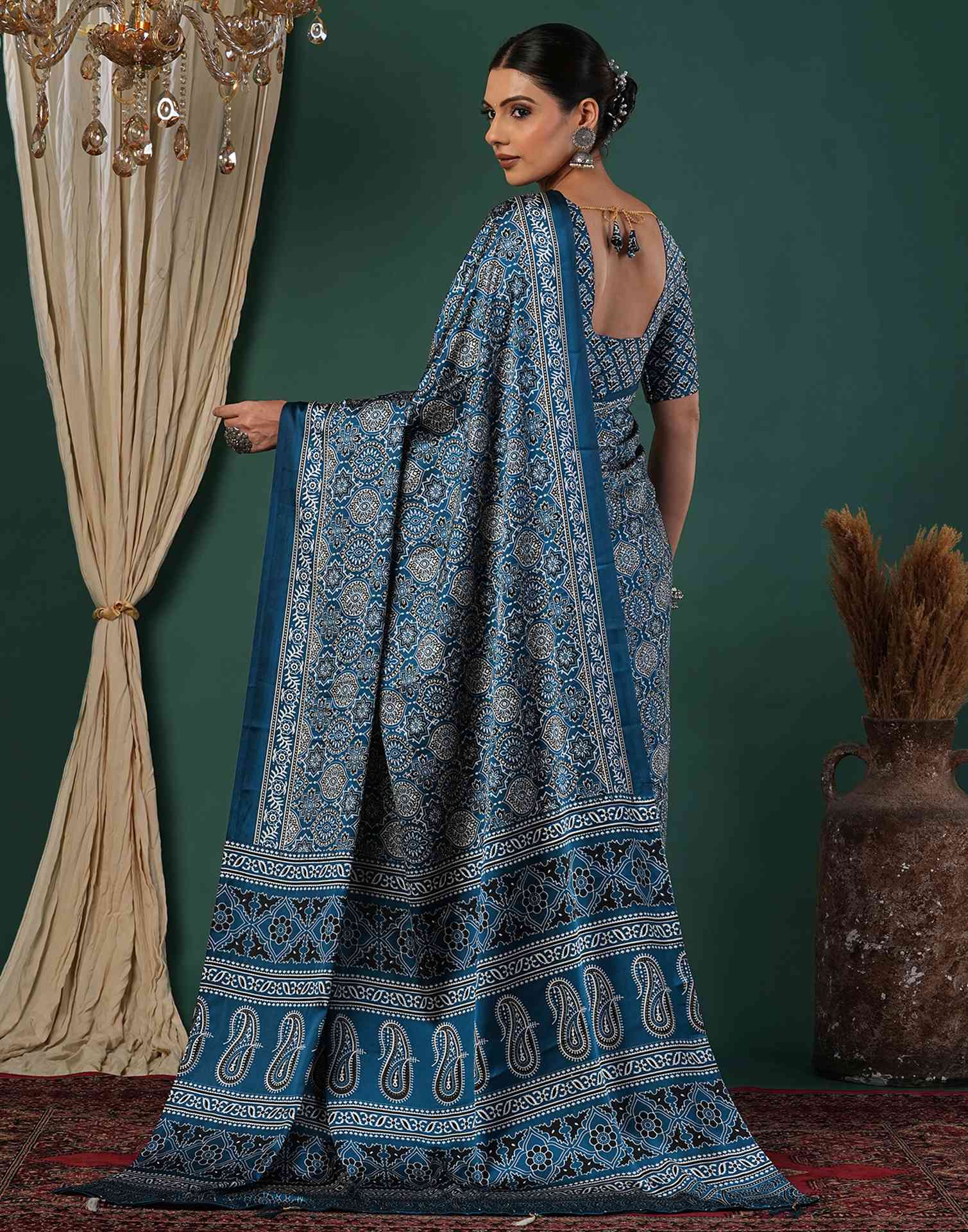 Rama Blue Satin Printed Saree - Image 6