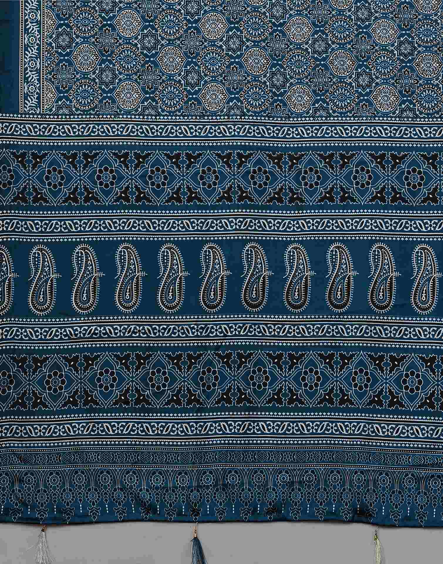 Rama Blue Satin Printed Saree - Image 9