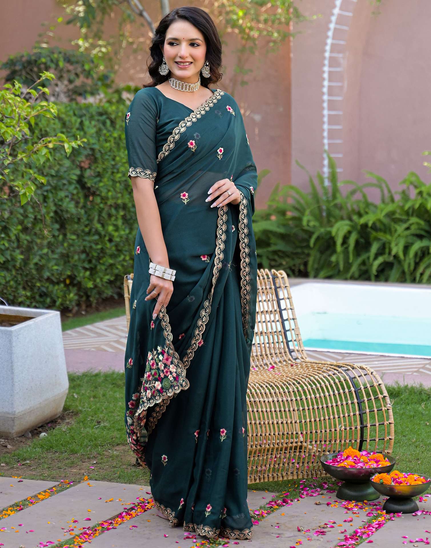 Rama Blue Shimmer Georgette Embroidery Saree - Image 5