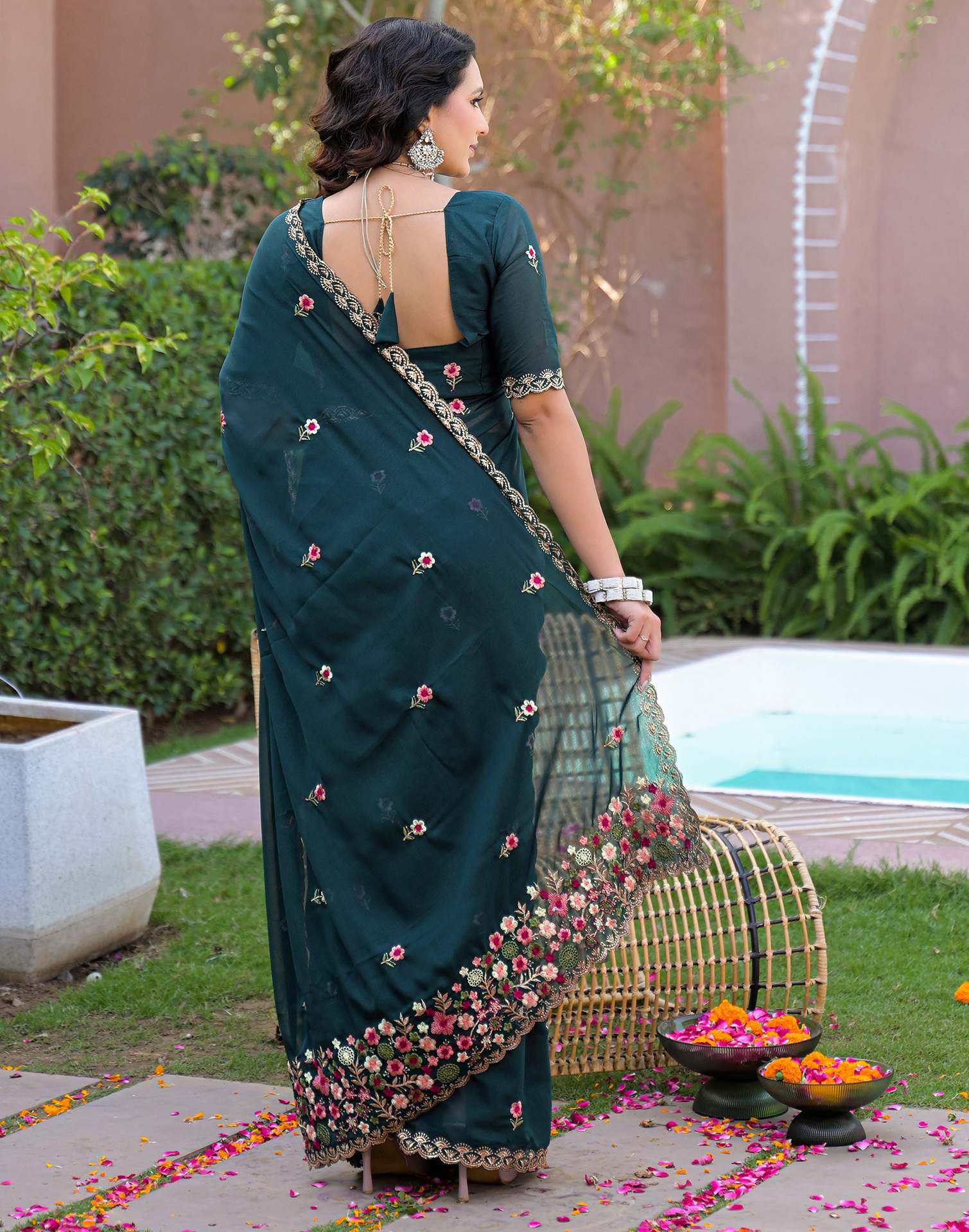 Rama Blue Shimmer Georgette Embroidery Saree - Image 6