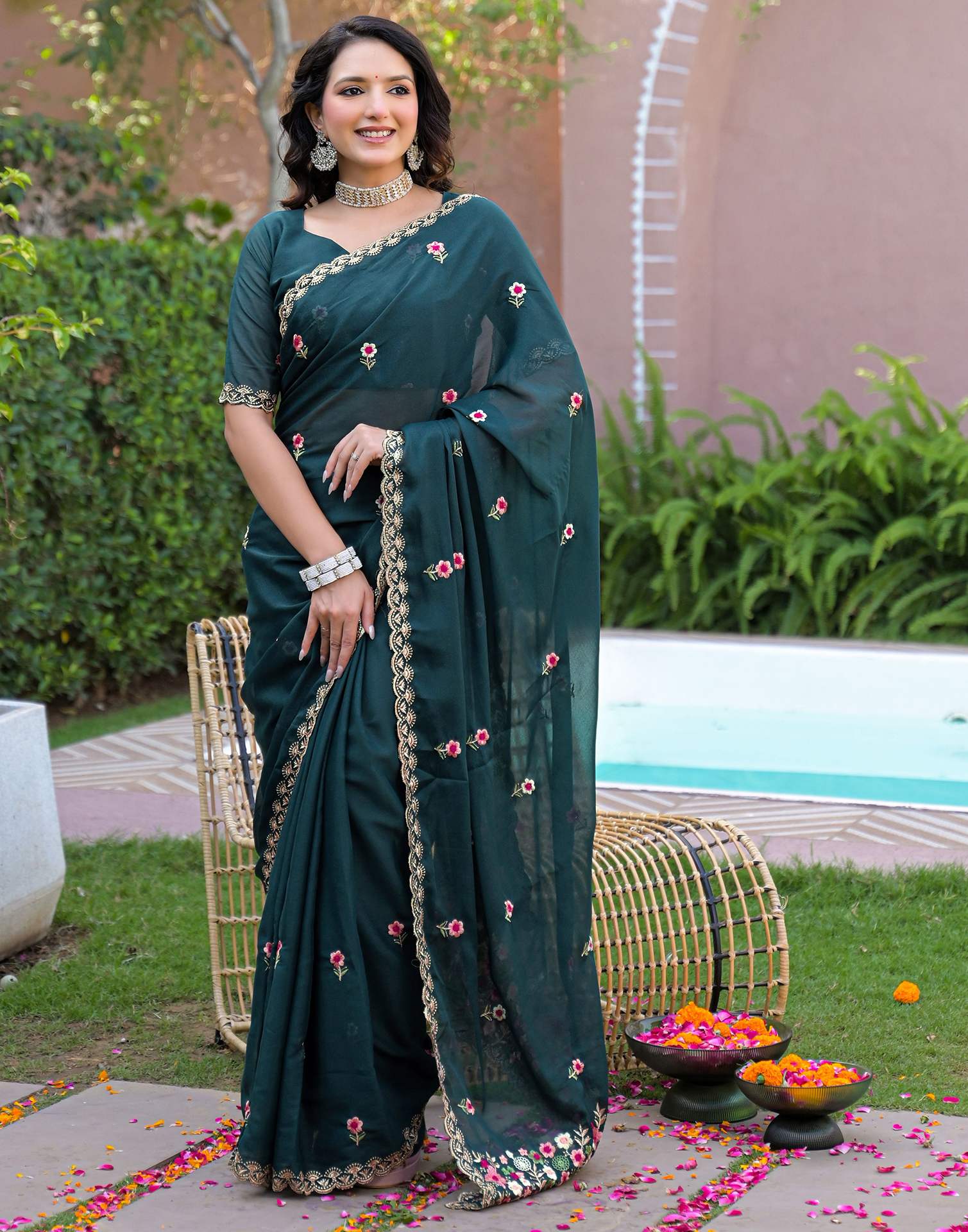 Rama Blue Shimmer Georgette Embroidery Saree - Image 7