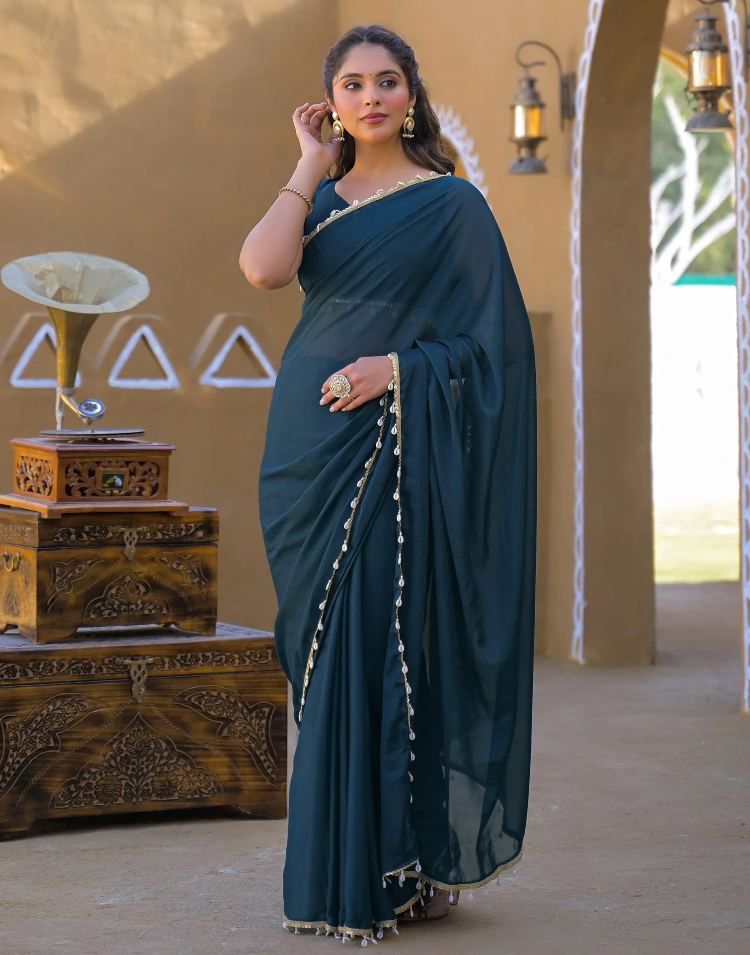 Rama Blue Shimmer Lace Saree