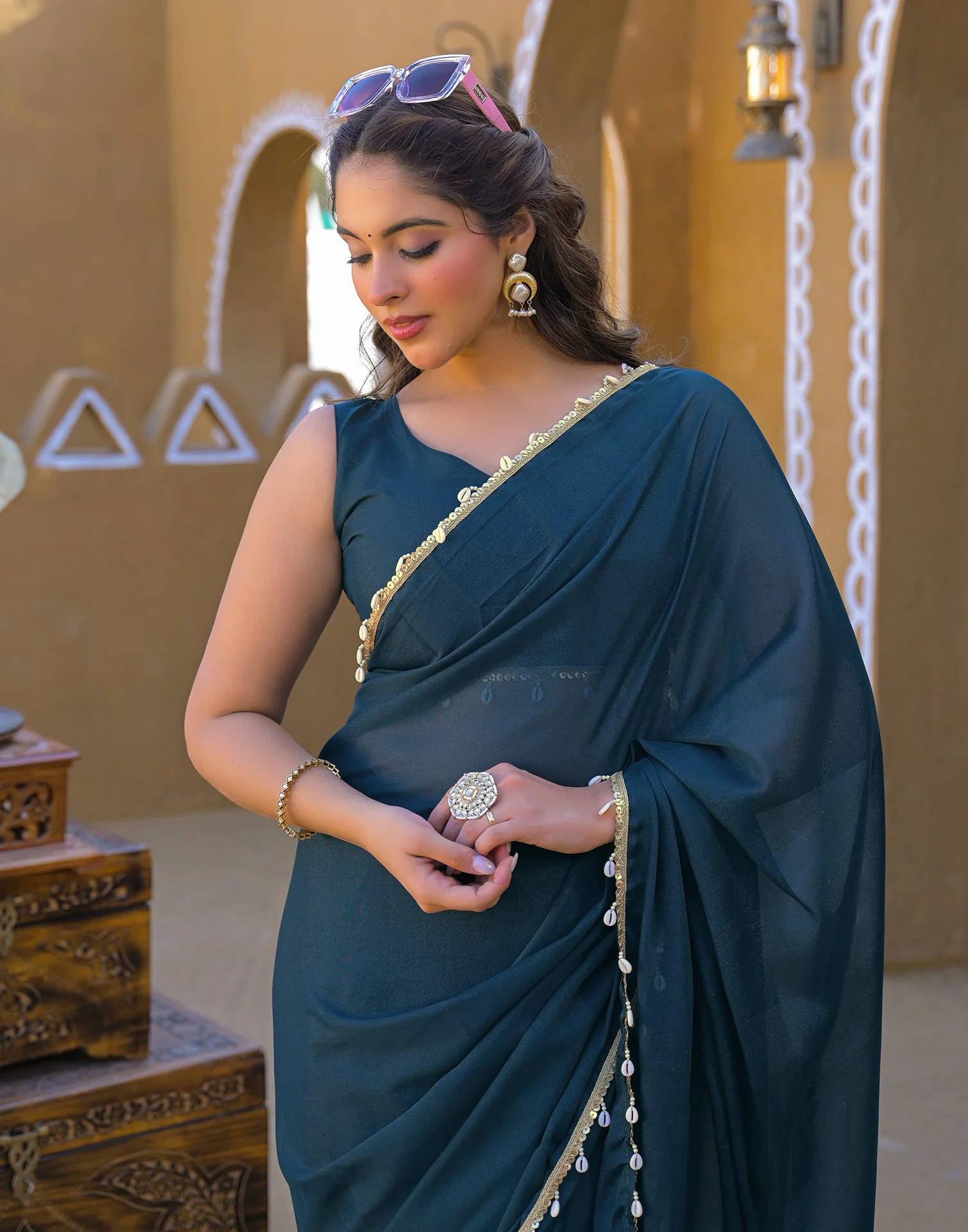 Rama Blue Shimmer Lace Saree - Image 2
