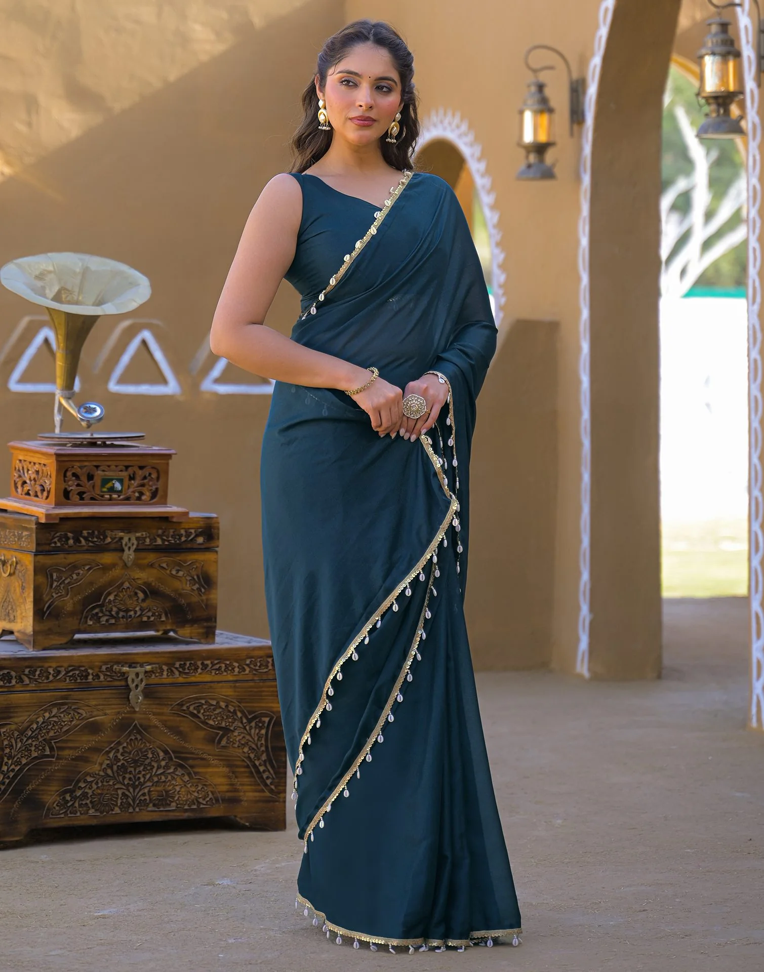 Rama Blue Shimmer Lace Saree - Image 4