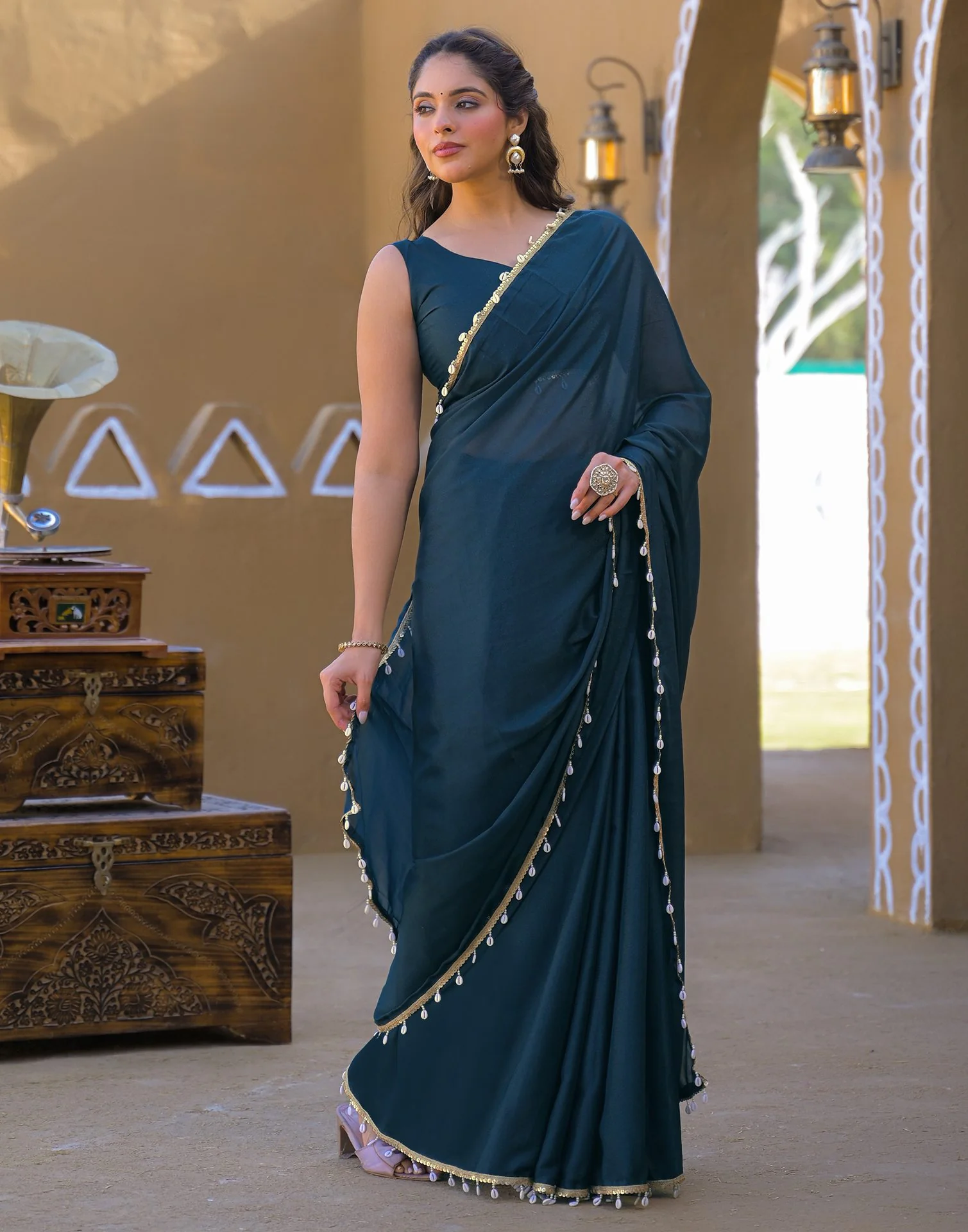 Rama Blue Shimmer Lace Saree - Image 5