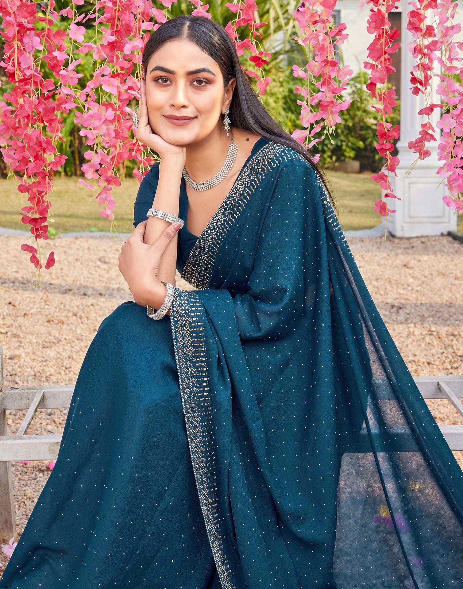 Rama Blue Shimmer Stone Work Swarovski Saree - Image 2