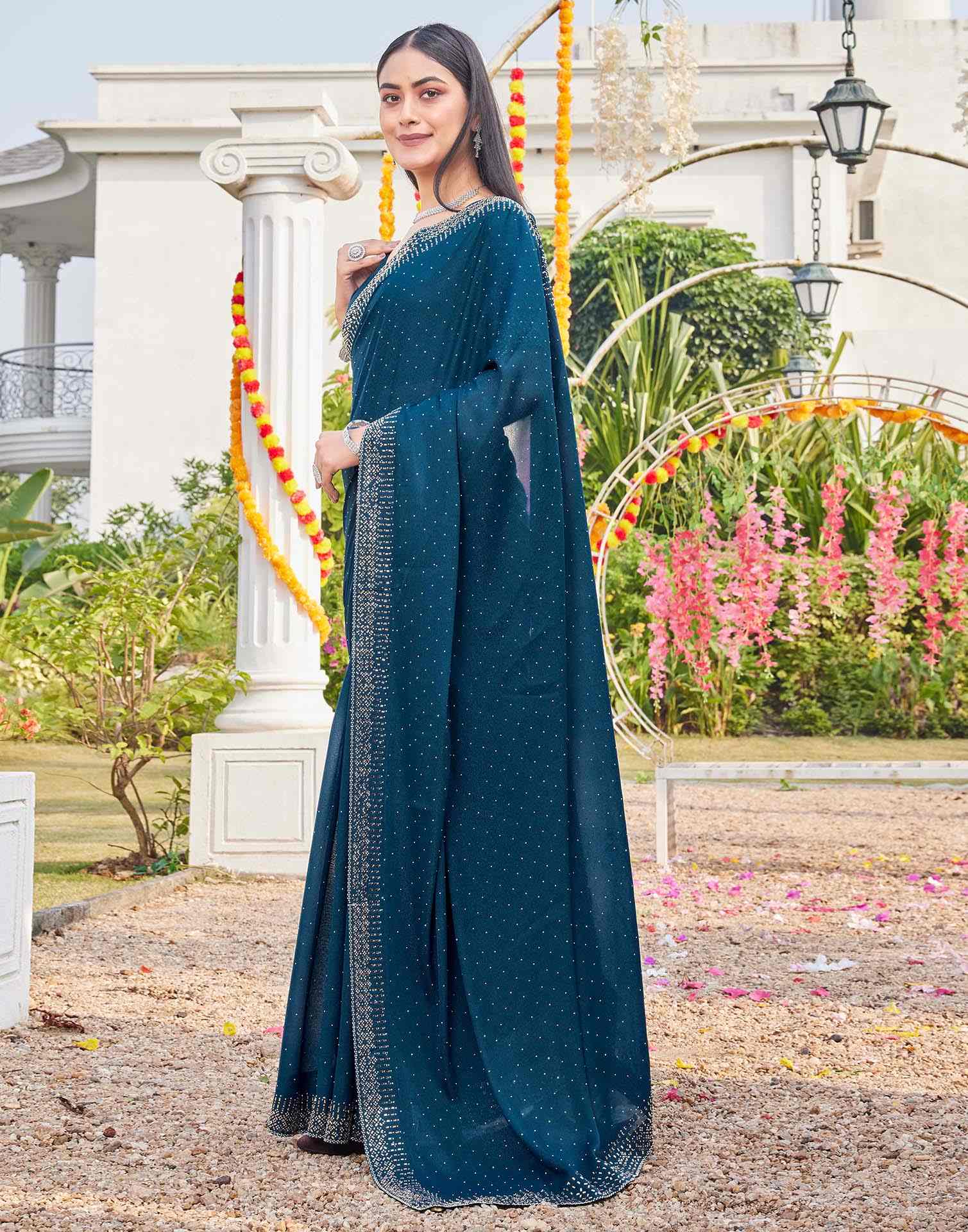 Rama Blue Shimmer Stone Work Swarovski Saree - Image 4