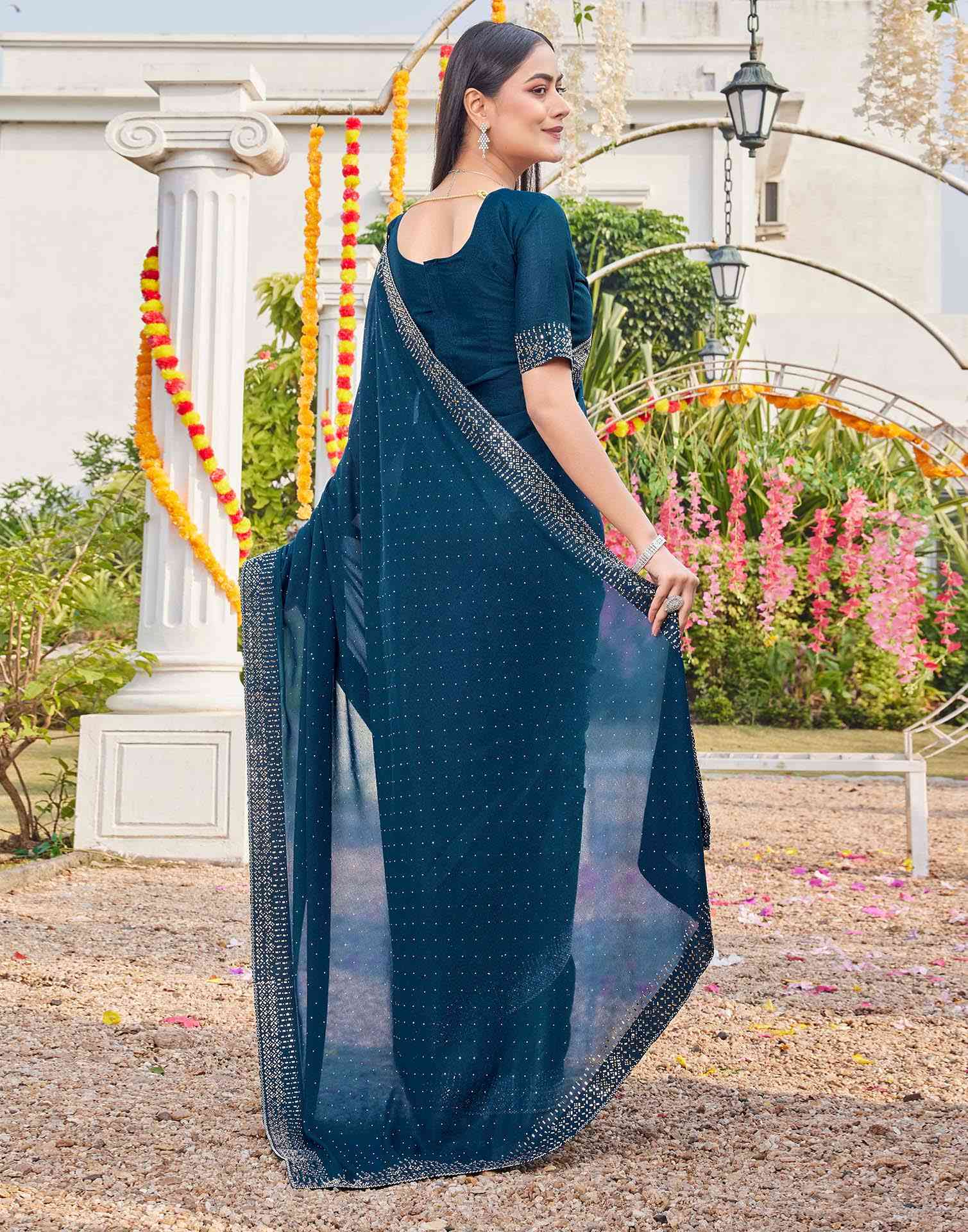 Rama Blue Shimmer Stone Work Swarovski Saree - Image 6