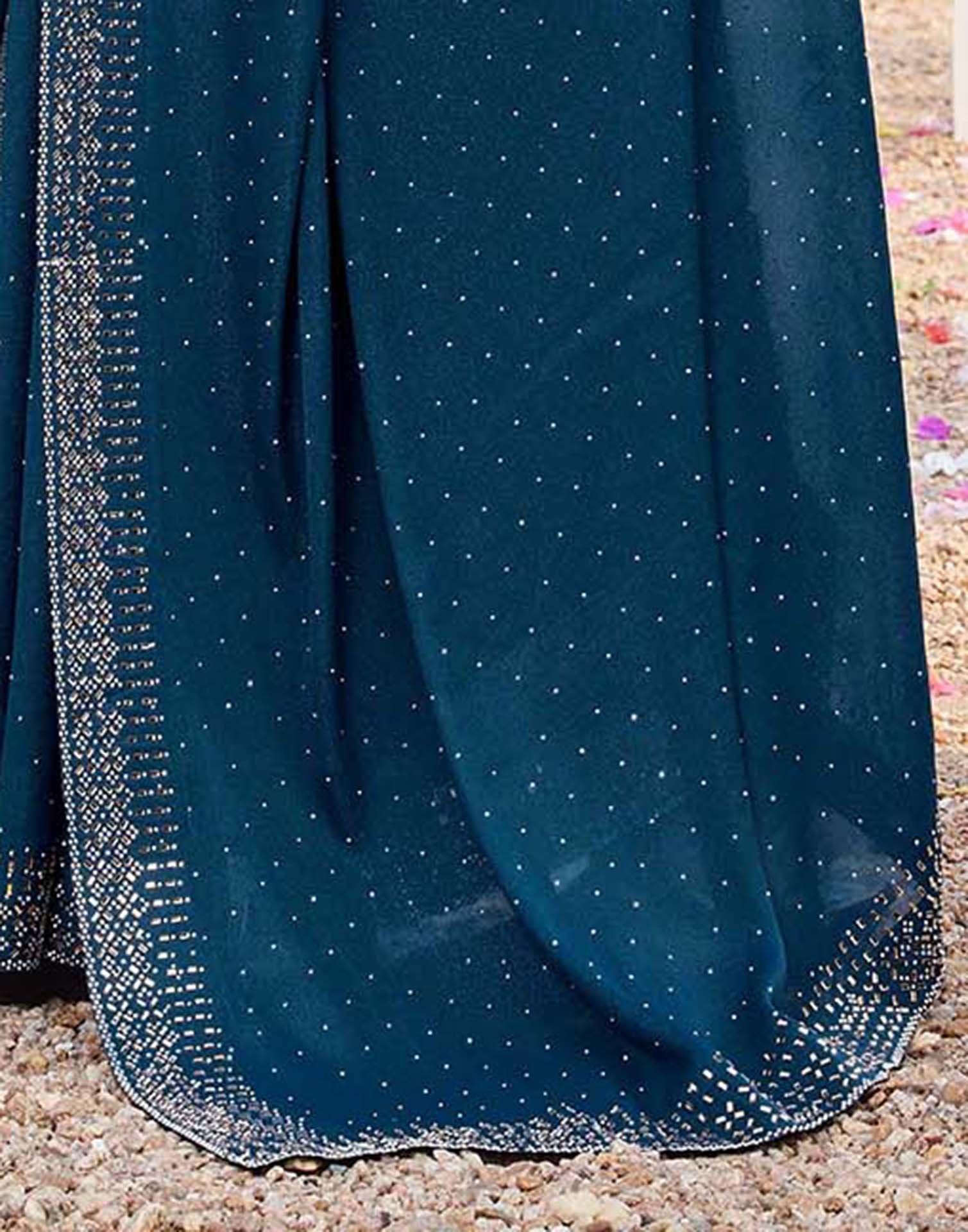 Rama Blue Shimmer Stone Work Swarovski Saree - Image 9