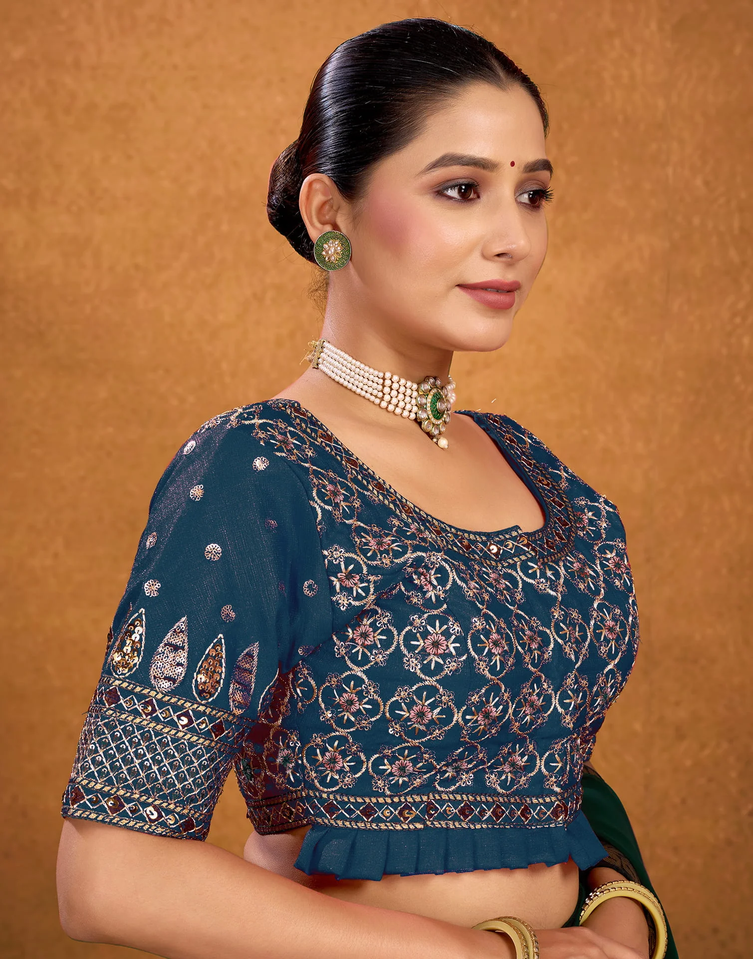 Rama Blue Silk Sequence Embroidery Blouse - Image 5