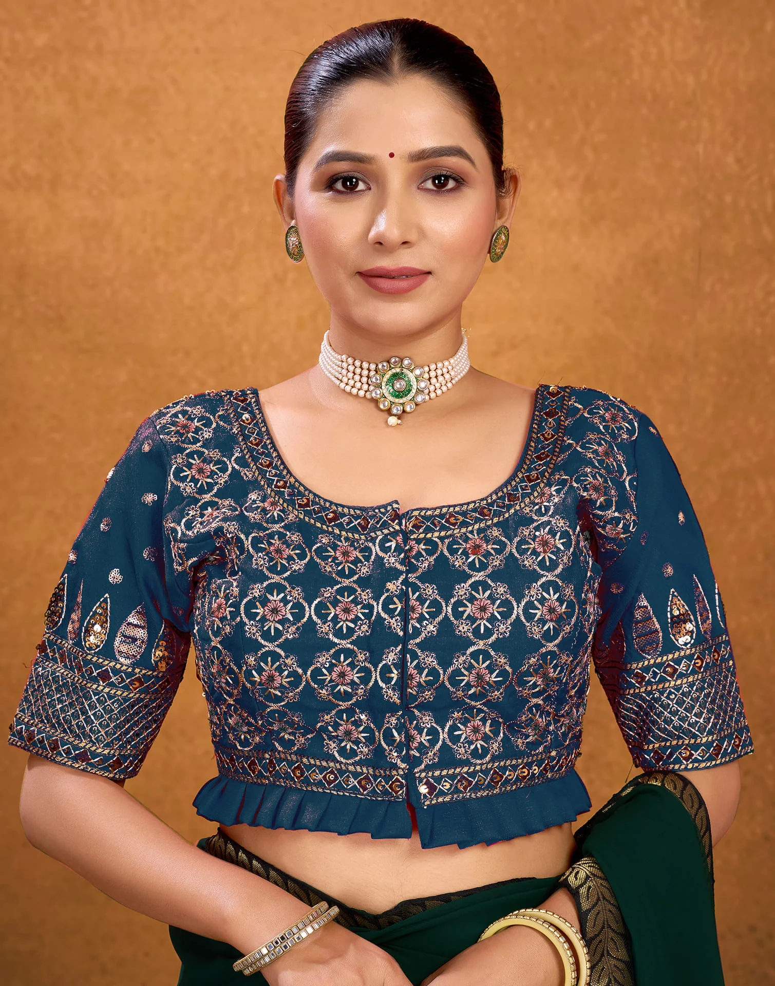 Rama Blue Silk Sequence Embroidery Blouse - Image 6