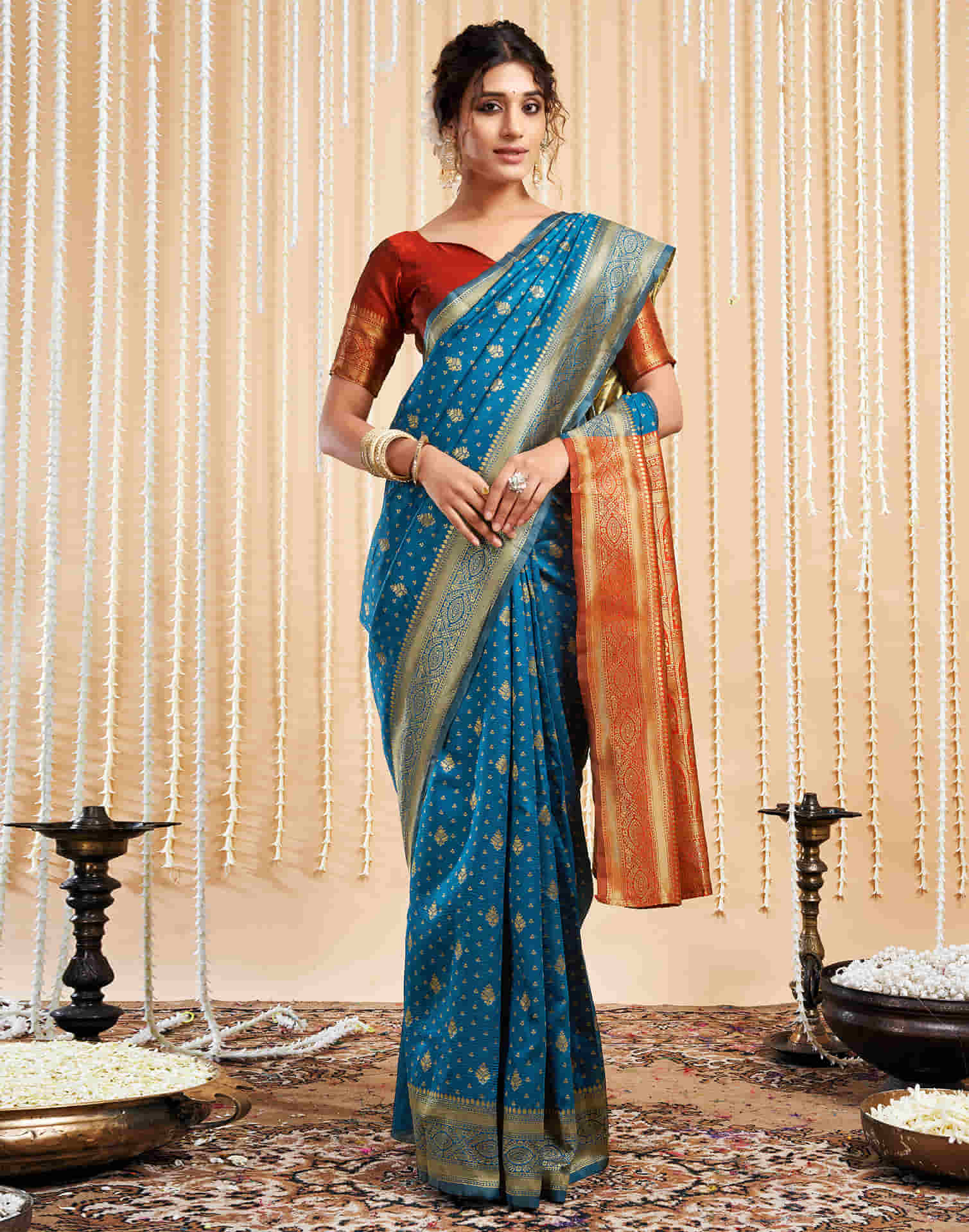 Rama Blue Silk Woven Banarasi Saree - Image 6