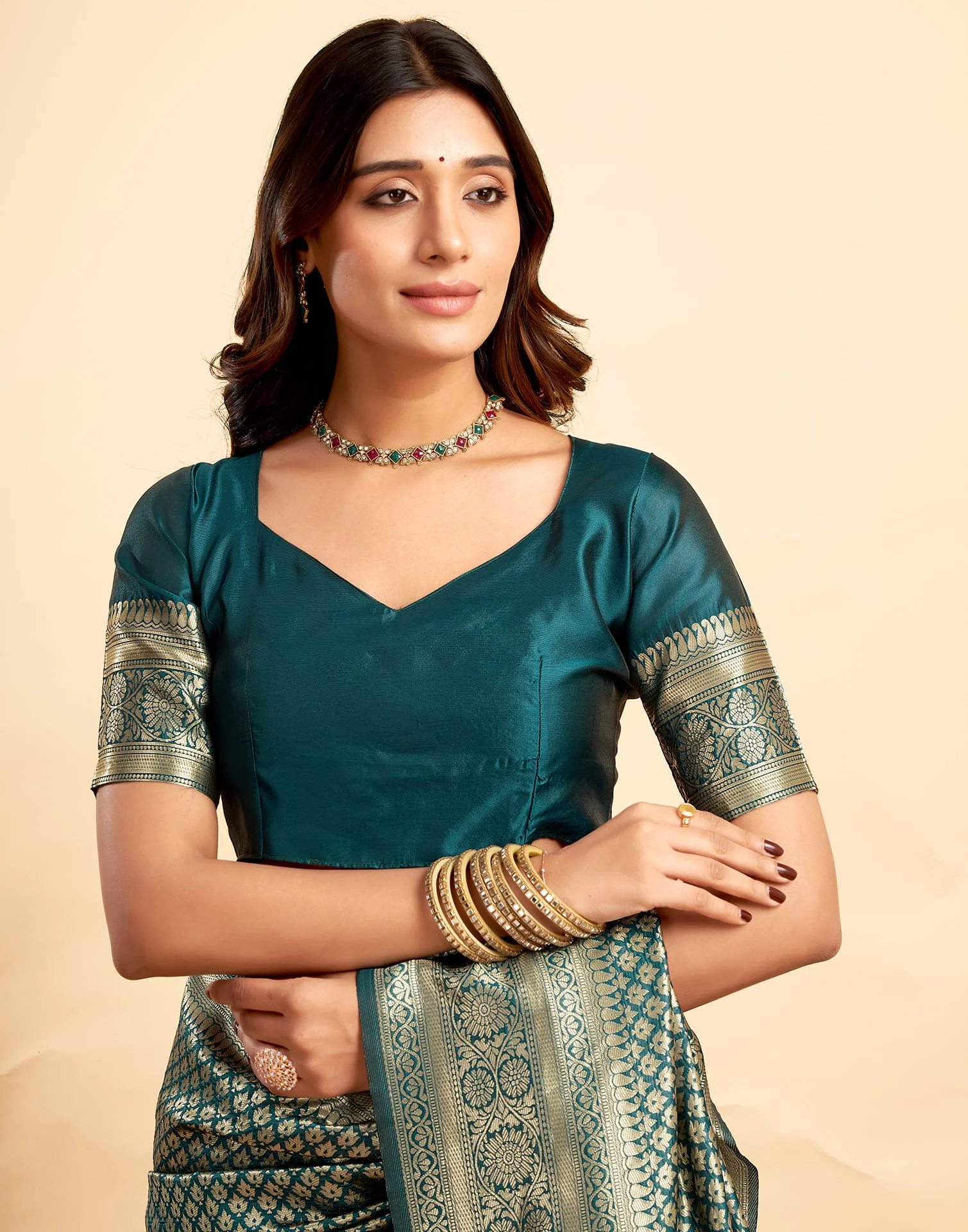 Rama Green Silk Woven Banarasi Saree - Image 8