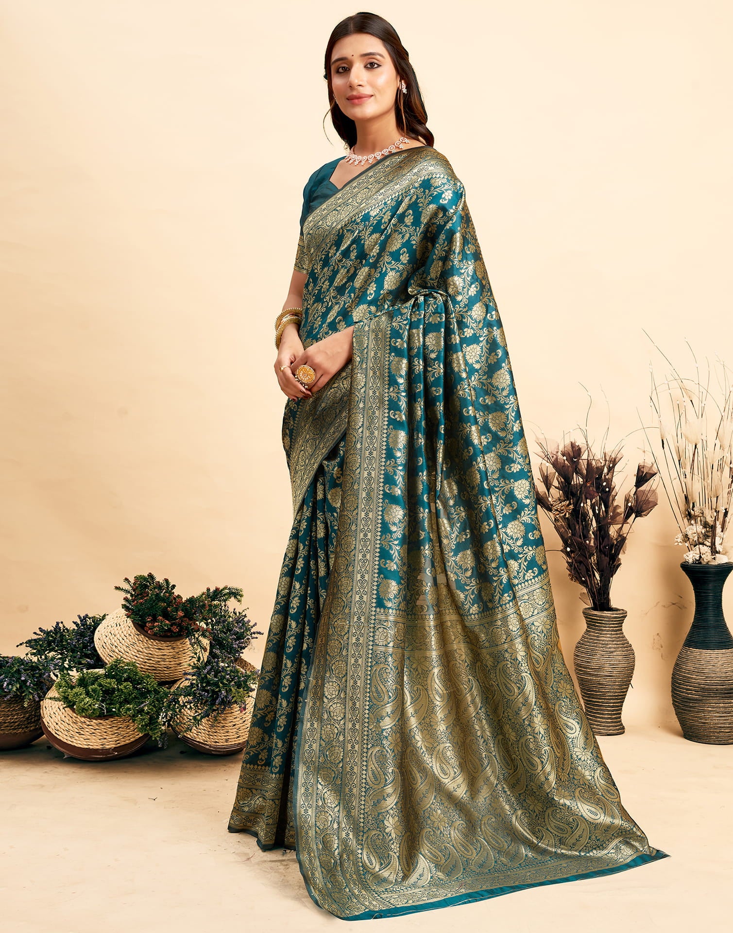 Rama Blue Woven Banarasi Silk Saree - Image 4