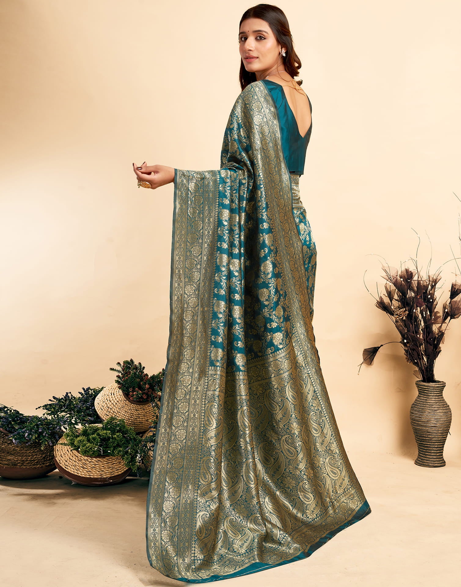 Rama Blue Woven Banarasi Silk Saree - Image 6
