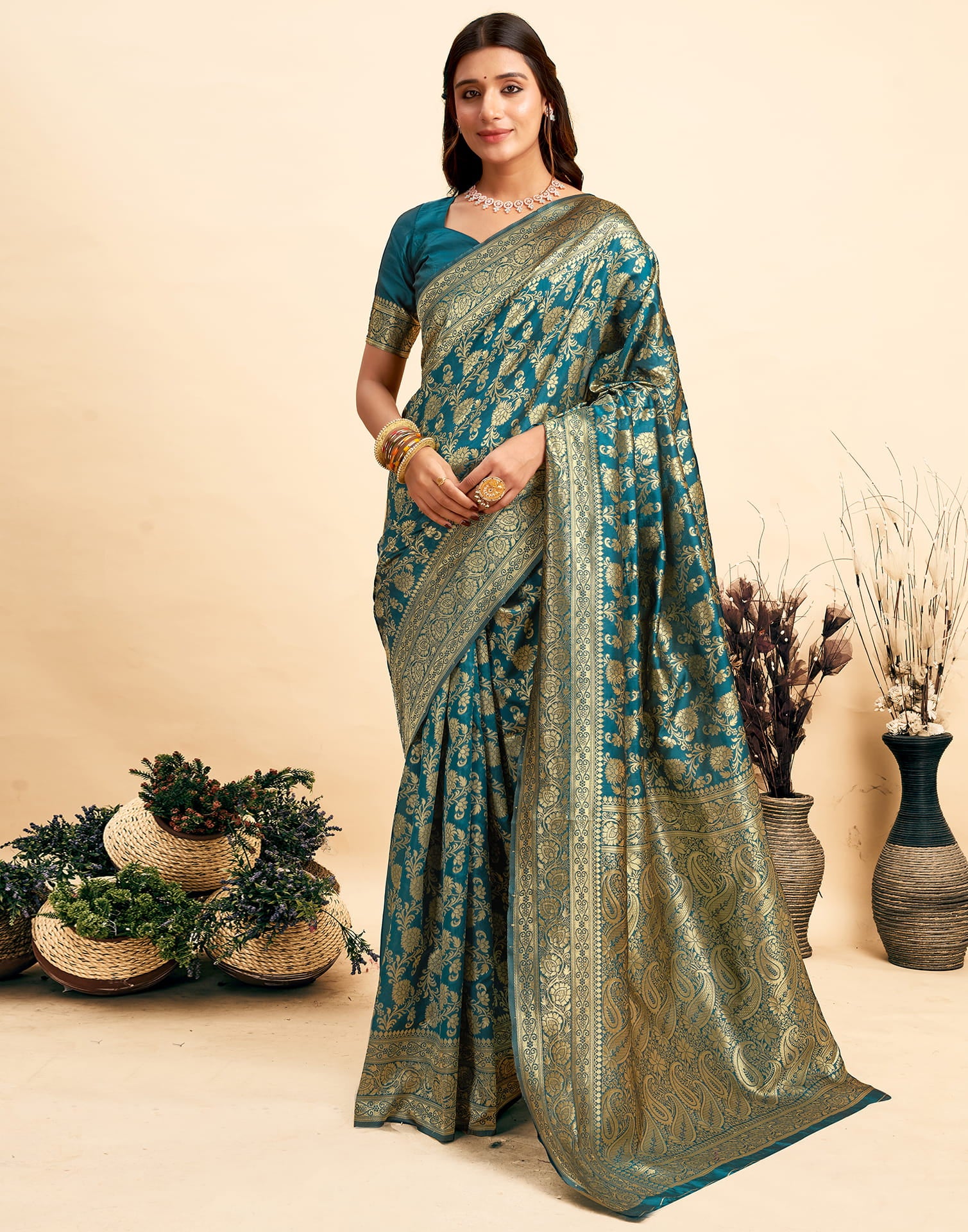 Rama Blue Woven Banarasi Silk Saree - Image 7