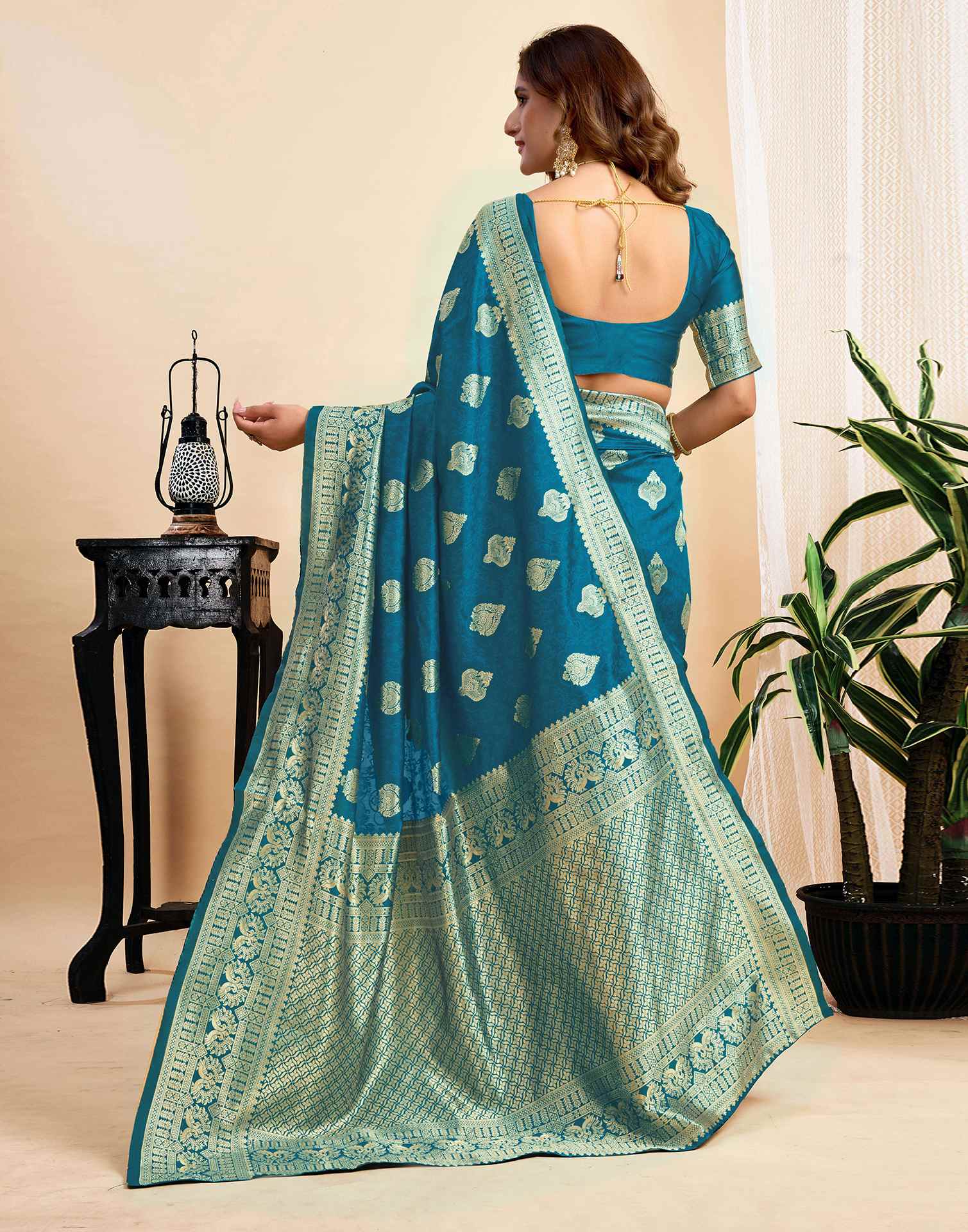 Rama Blue Silk Woven Banarasi Saree - Image 6
